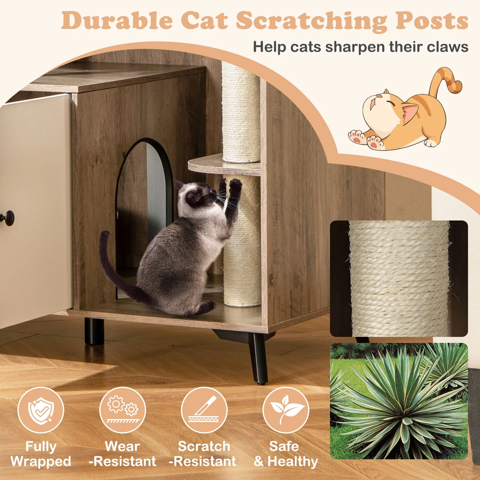 Cat Litter Box Enclosure With 3 Sisal Scratching Posts, Natural - Image 10