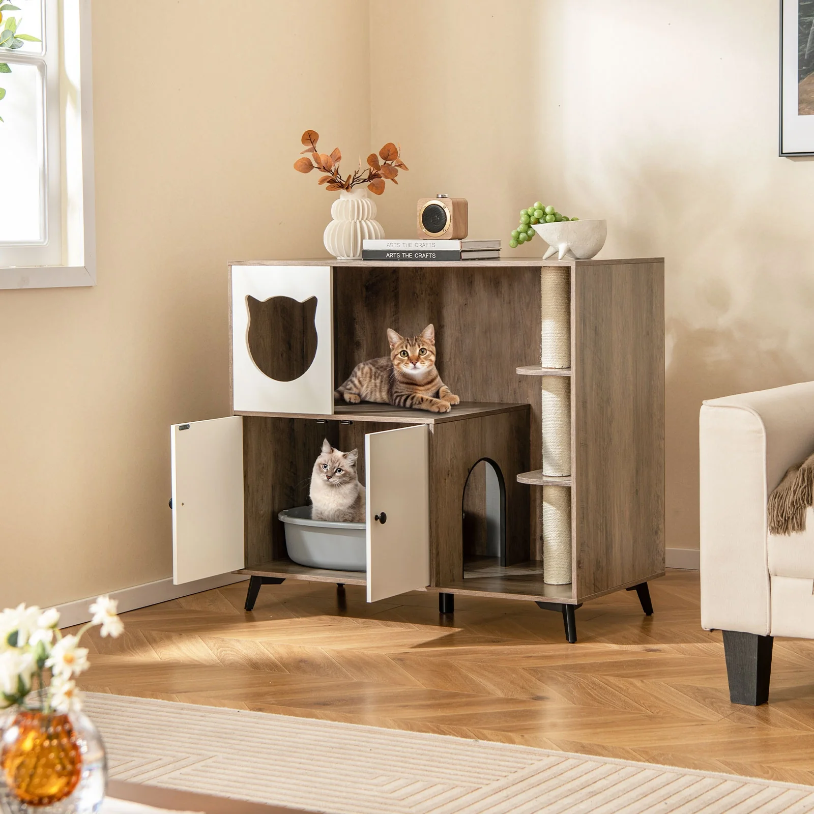 Cat Litter Box Enclosure With 3 Sisal Scratching Posts, Natural - Image 3