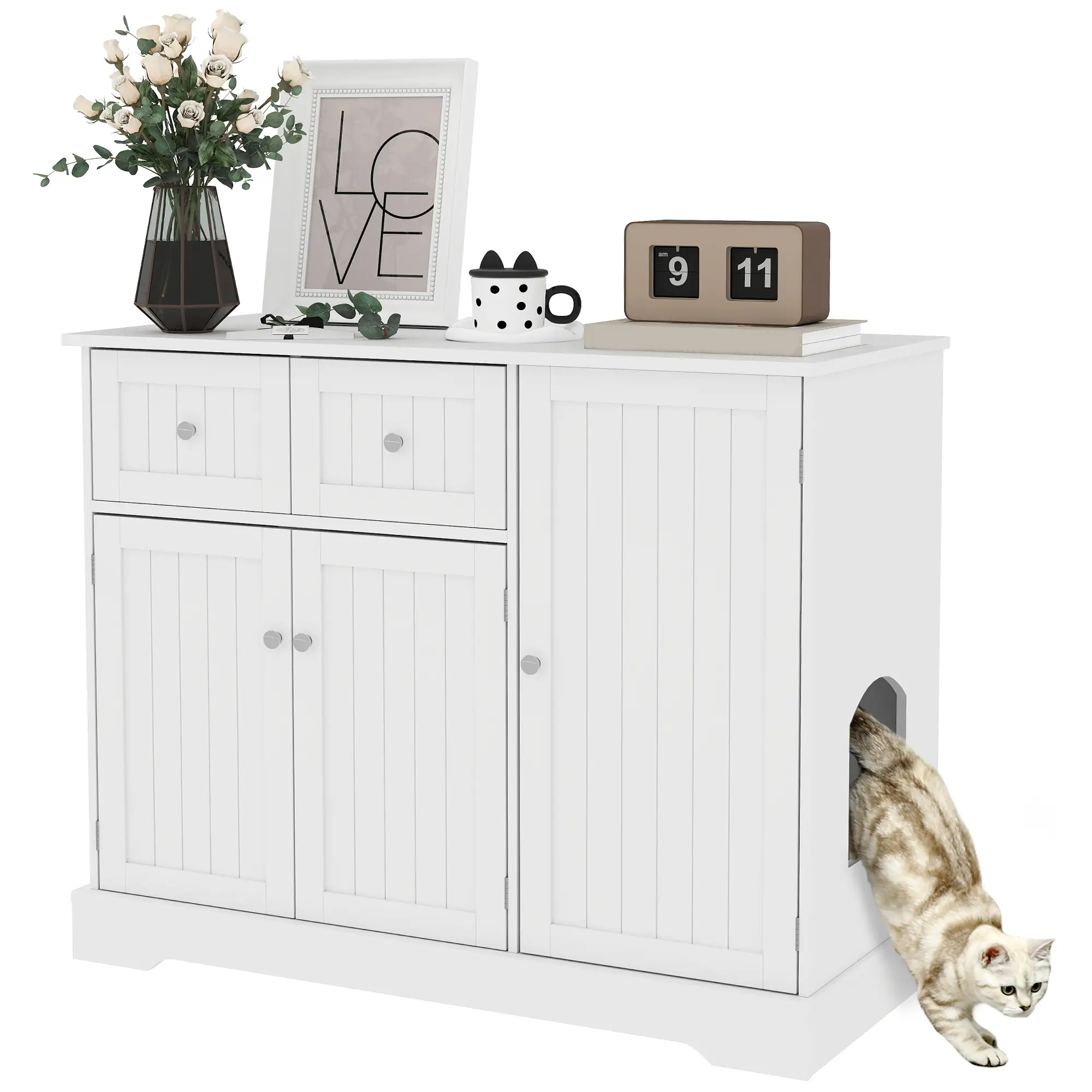 Cat Litter Box Enclosure with Drawer, Storage, Anti-Tip Kit, White - Image 11