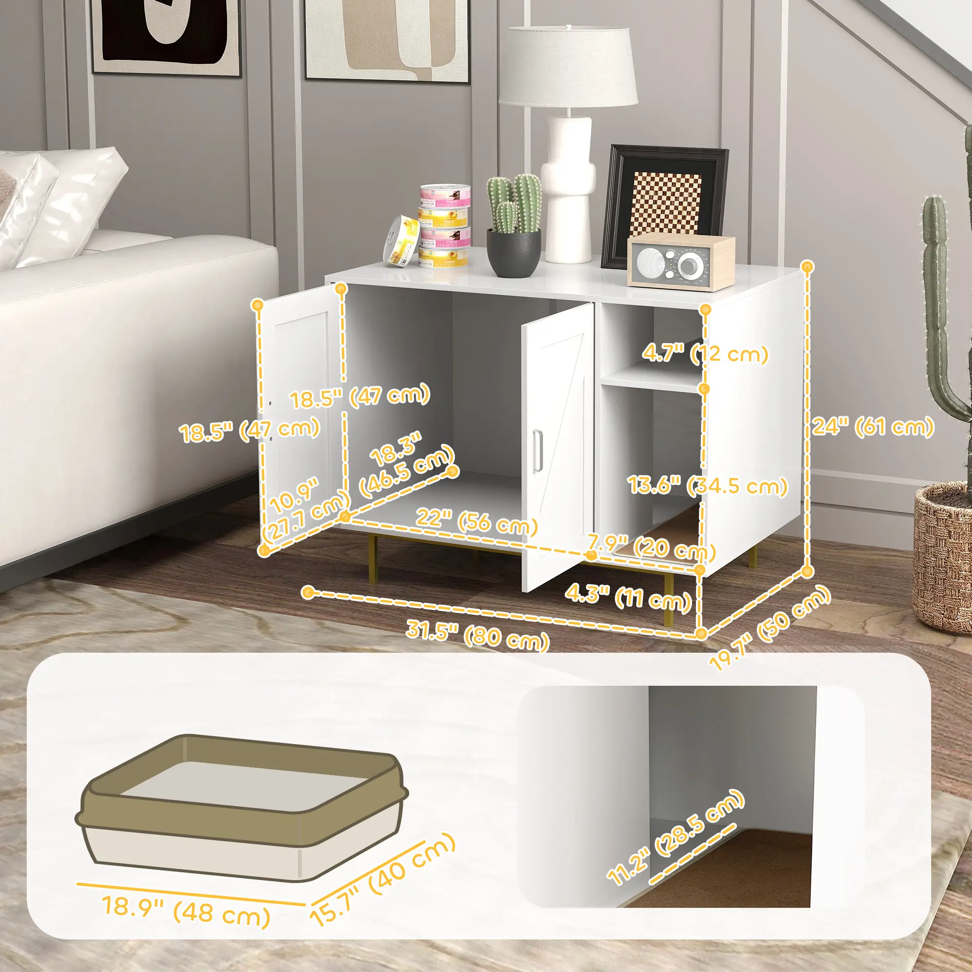 Cat Litter Box Enclosure with Scratching Pad, Storage, 31.5" x 20" x 24" - Image 3