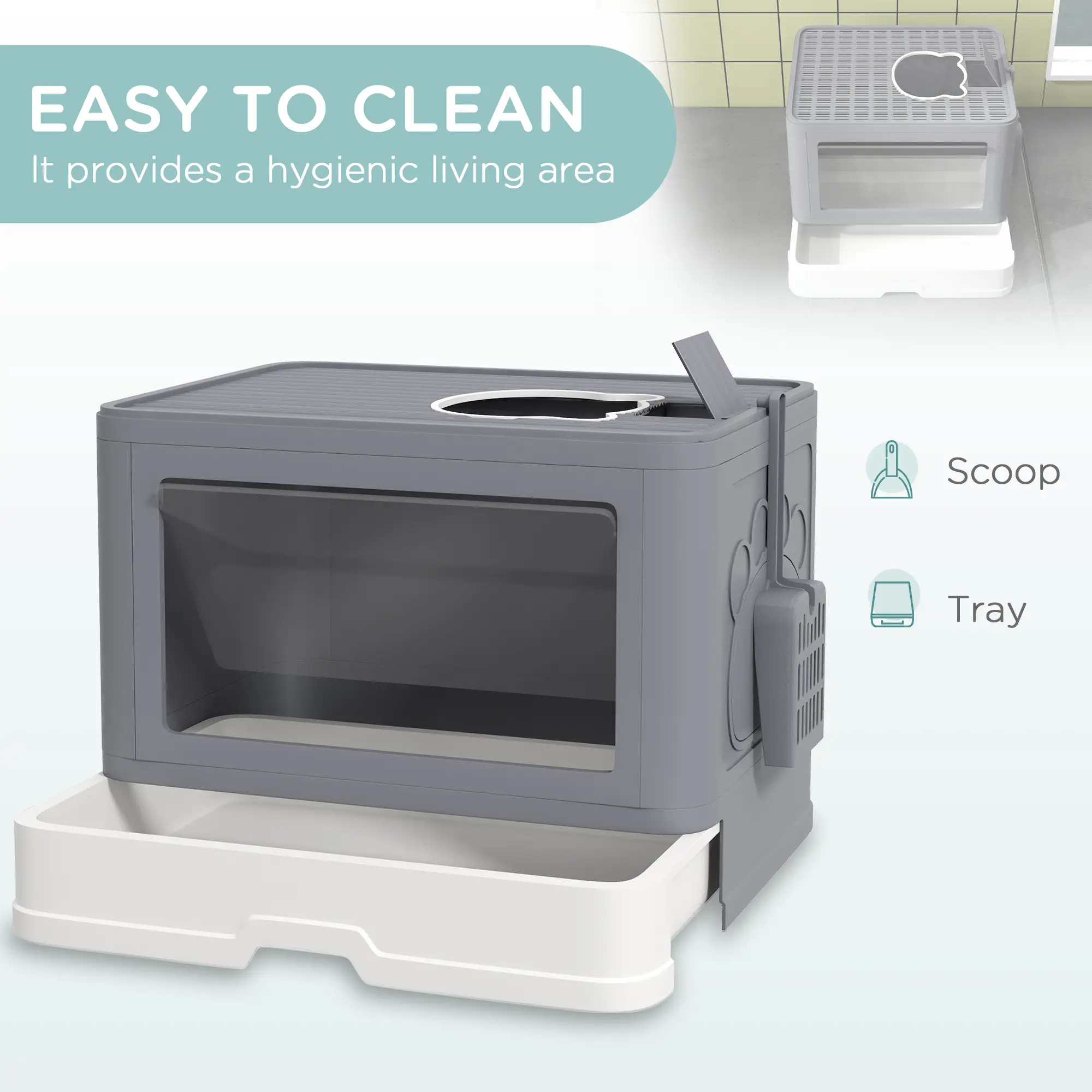 Cat Litter Box, Front Enter Top Exit, Pull Out Tray, Easy Clean, Grey - Image 4