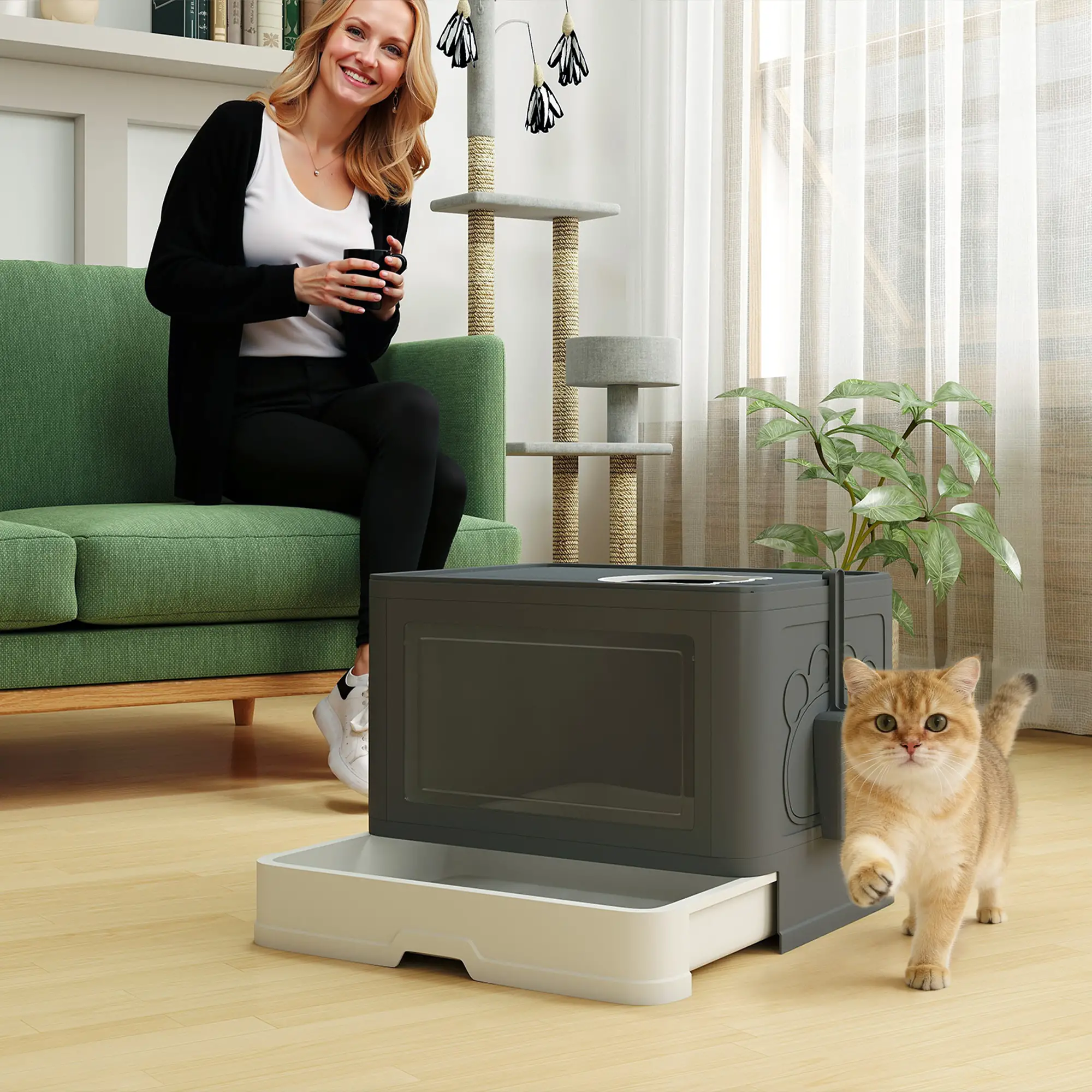 Cat Litter Box, Front Enter Top Exit, Pull Out Tray, Easy Clean, Grey - Image 8