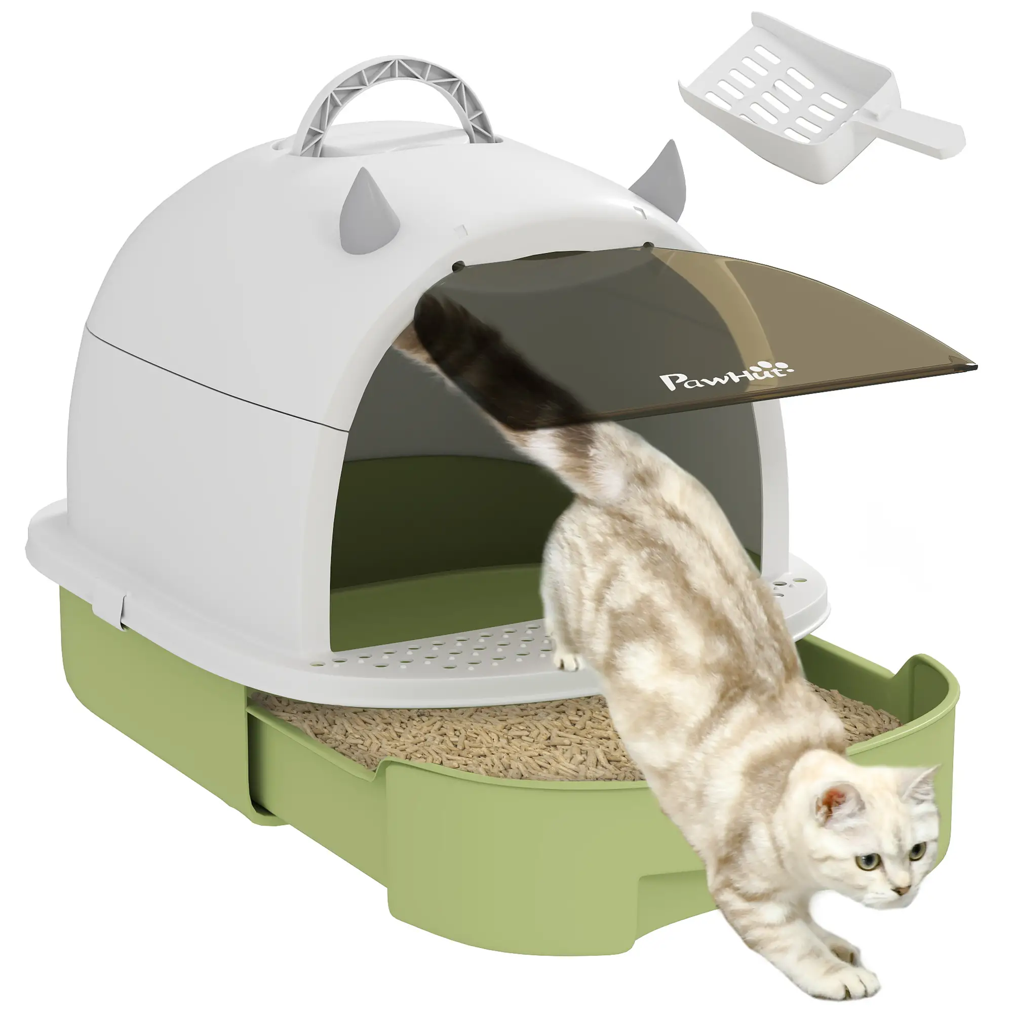 Cat Litter Box with Lid, Front Door Flap, Scoop, Handle, Easy Clean, Green - Image 11