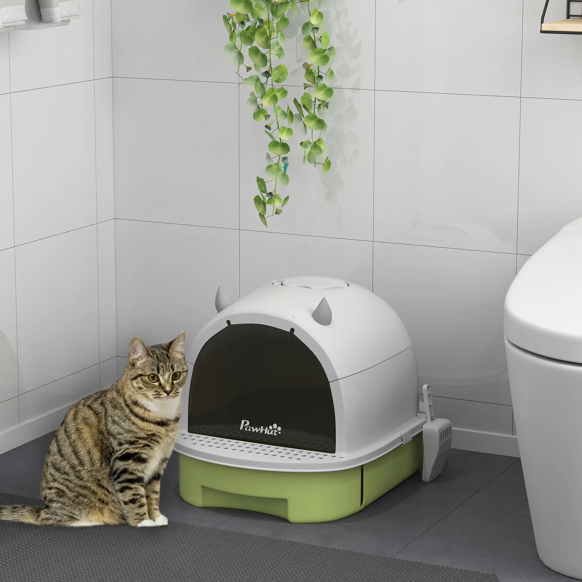 Cat Litter Box with Lid, Front Door Flap, Scoop, Handle, Easy Clean, Green - Image 2