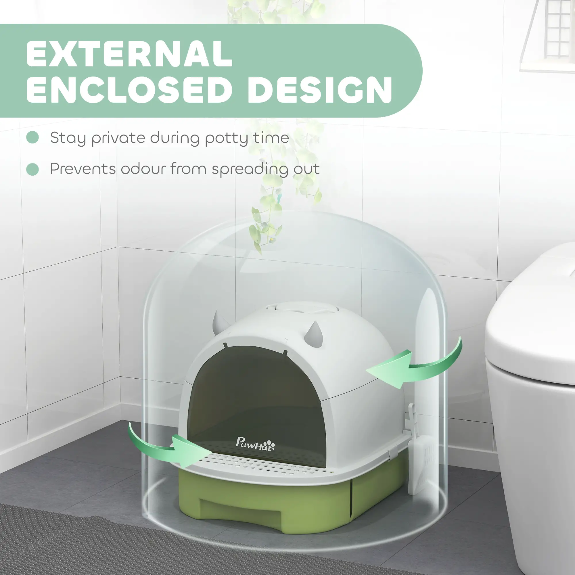 Cat Litter Box with Lid, Front Door Flap, Scoop, Handle, Easy Clean, Green - Image 4