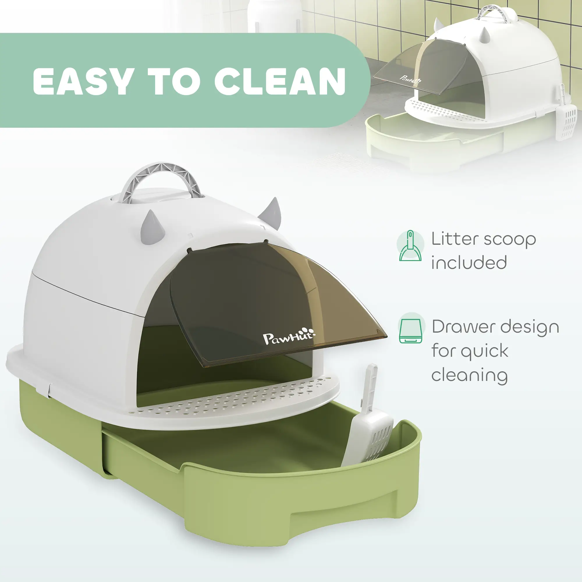 Cat Litter Box with Lid, Front Door Flap, Scoop, Handle, Easy Clean, Green - Image 5
