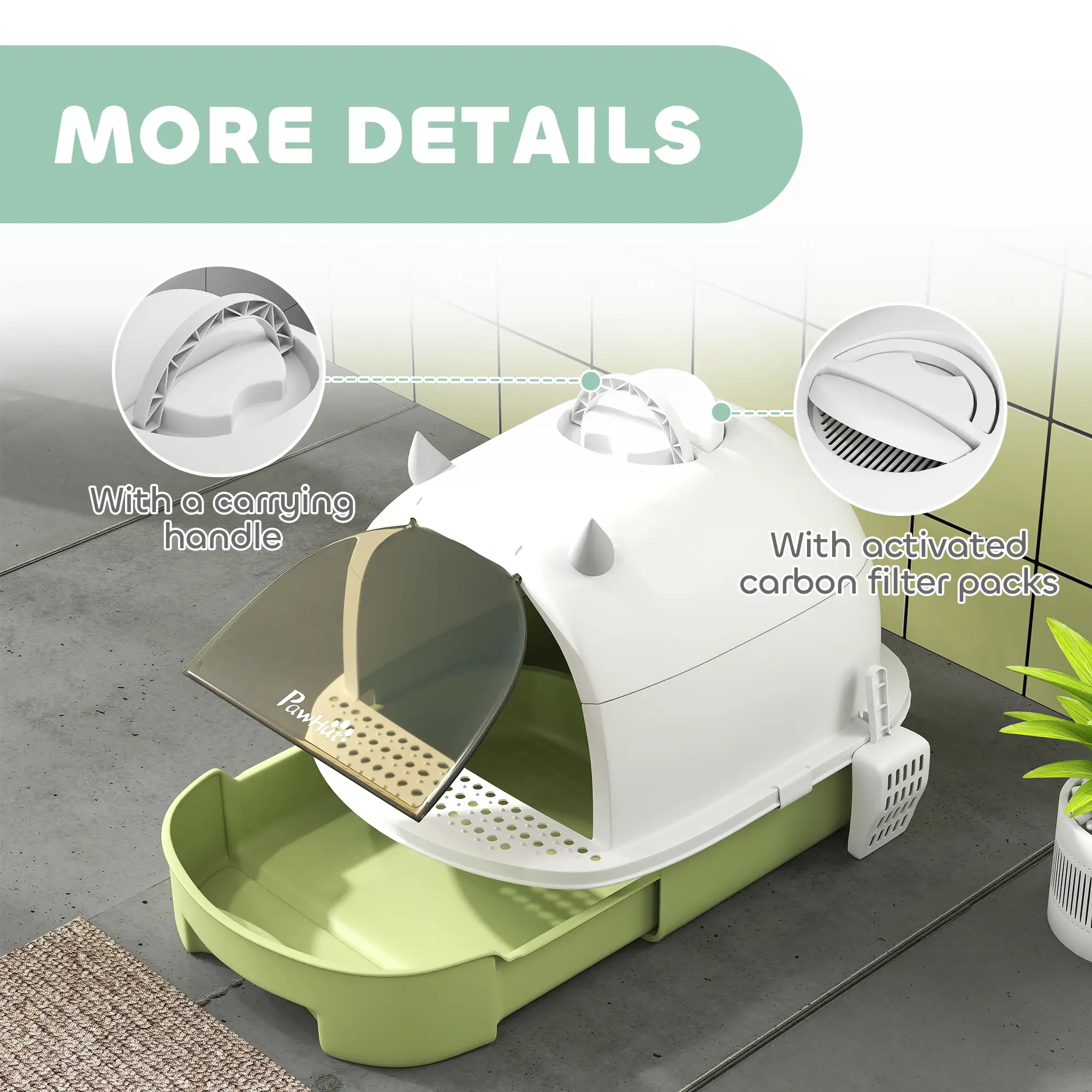 Cat Litter Box with Lid, Front Door Flap, Scoop, Handle, Easy Clean, Green - Image 7