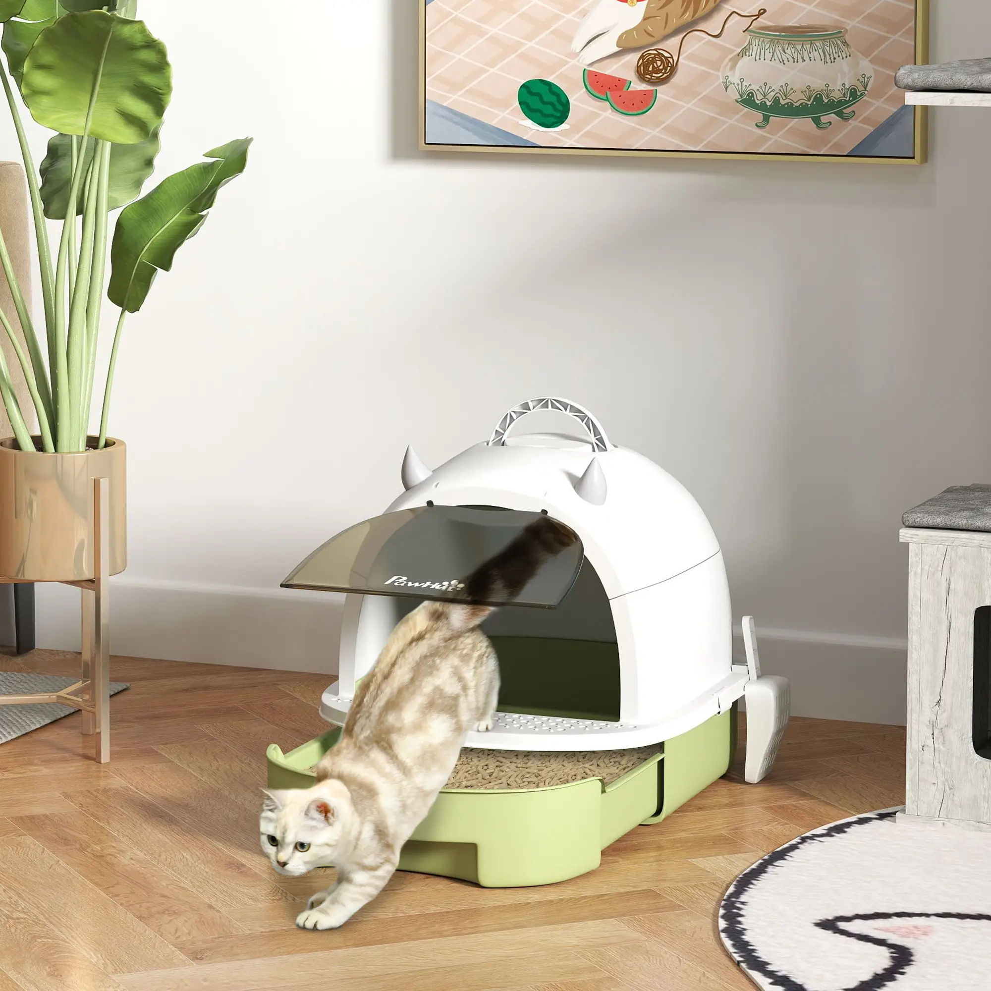 Cat Litter Box with Lid, Front Door Flap, Scoop, Handle, Easy Clean, Green - Image 8