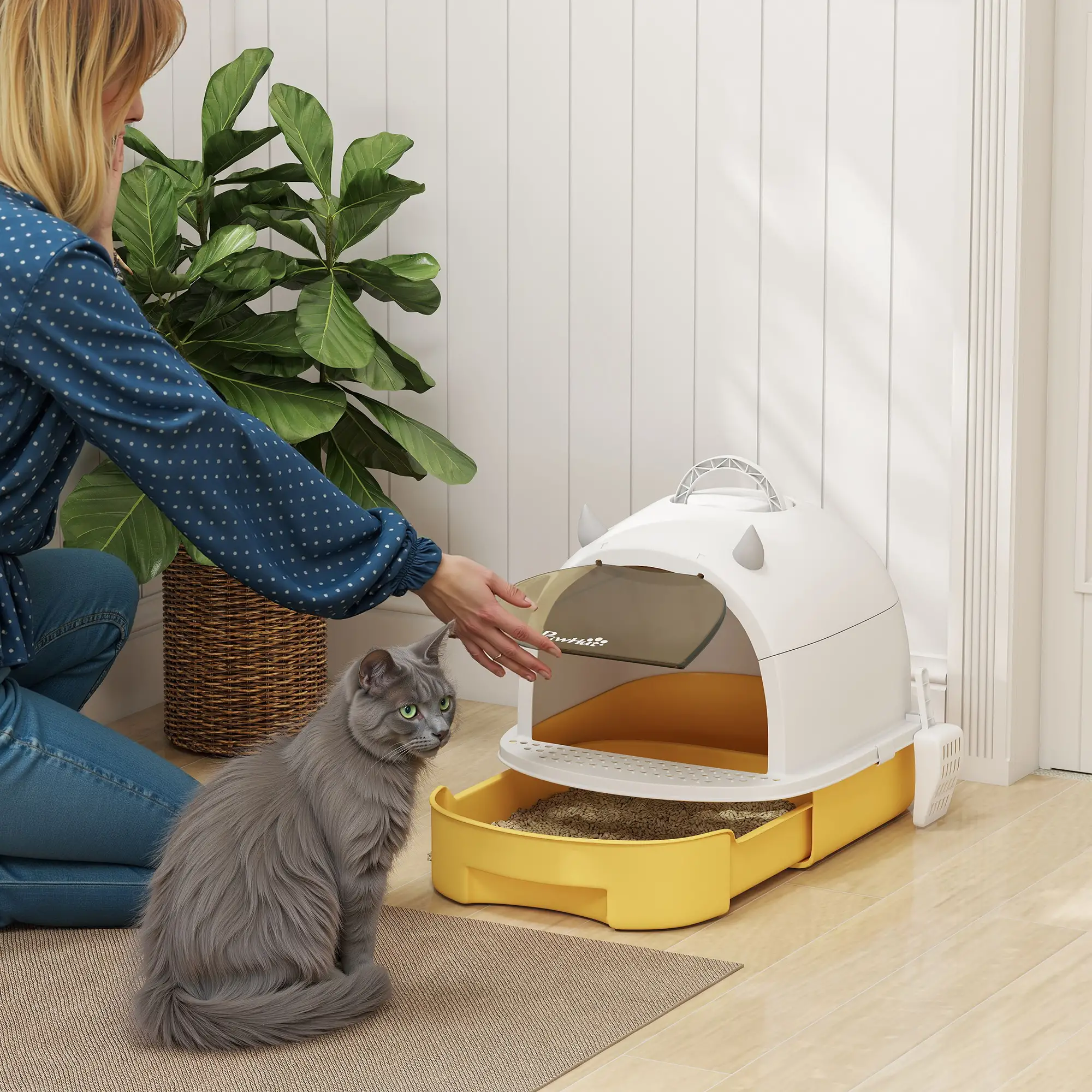 Cat Litter Box With Lid, Front Door Flap, Scoop, Handle, Yellow - Image 2