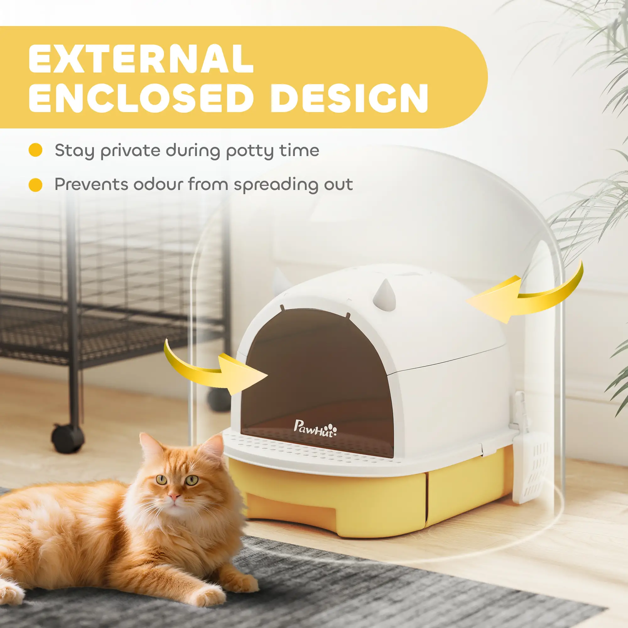 Cat Litter Box With Lid, Front Door Flap, Scoop, Handle, Yellow - Image 4