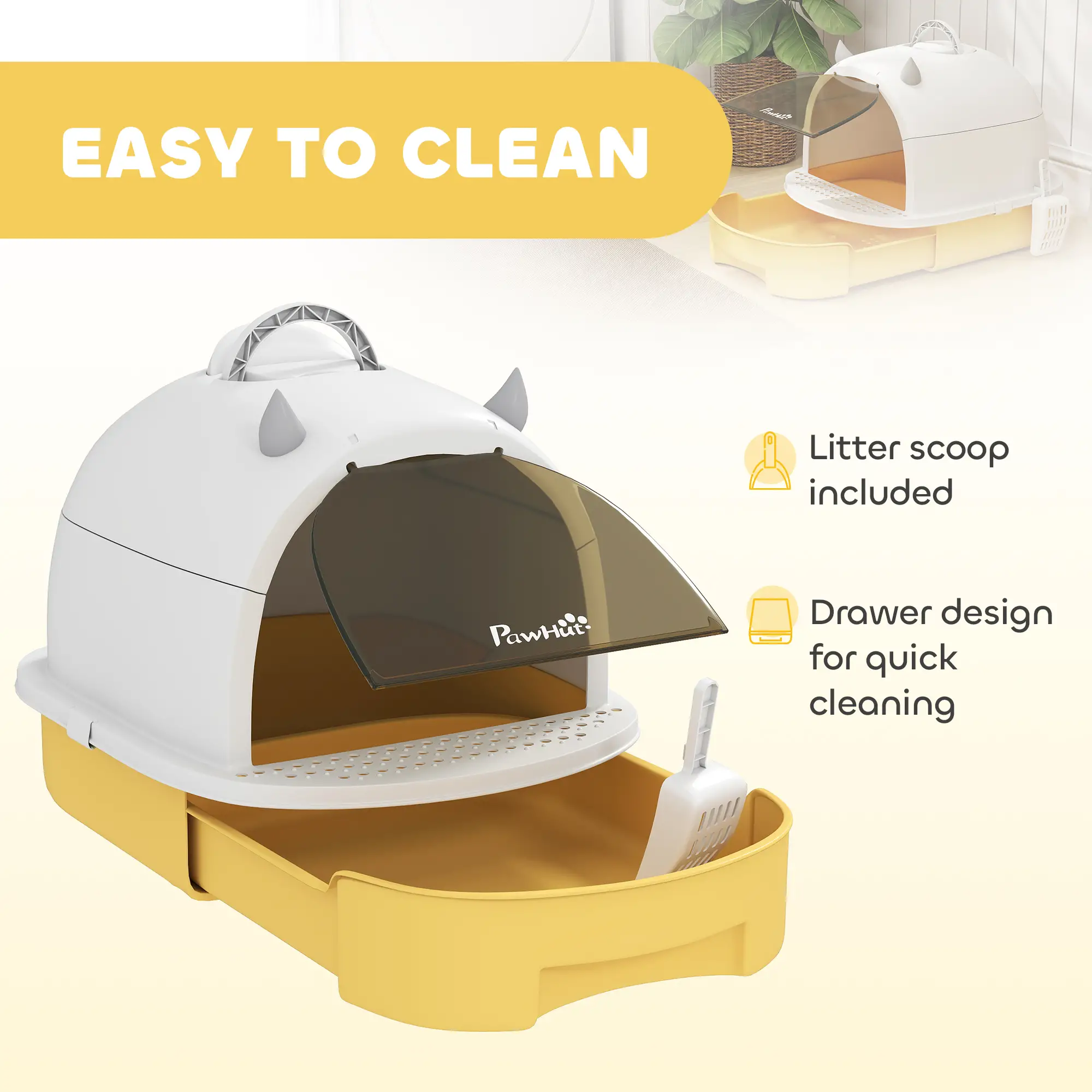 Cat Litter Box With Lid, Front Door Flap, Scoop, Handle, Yellow - Image 5