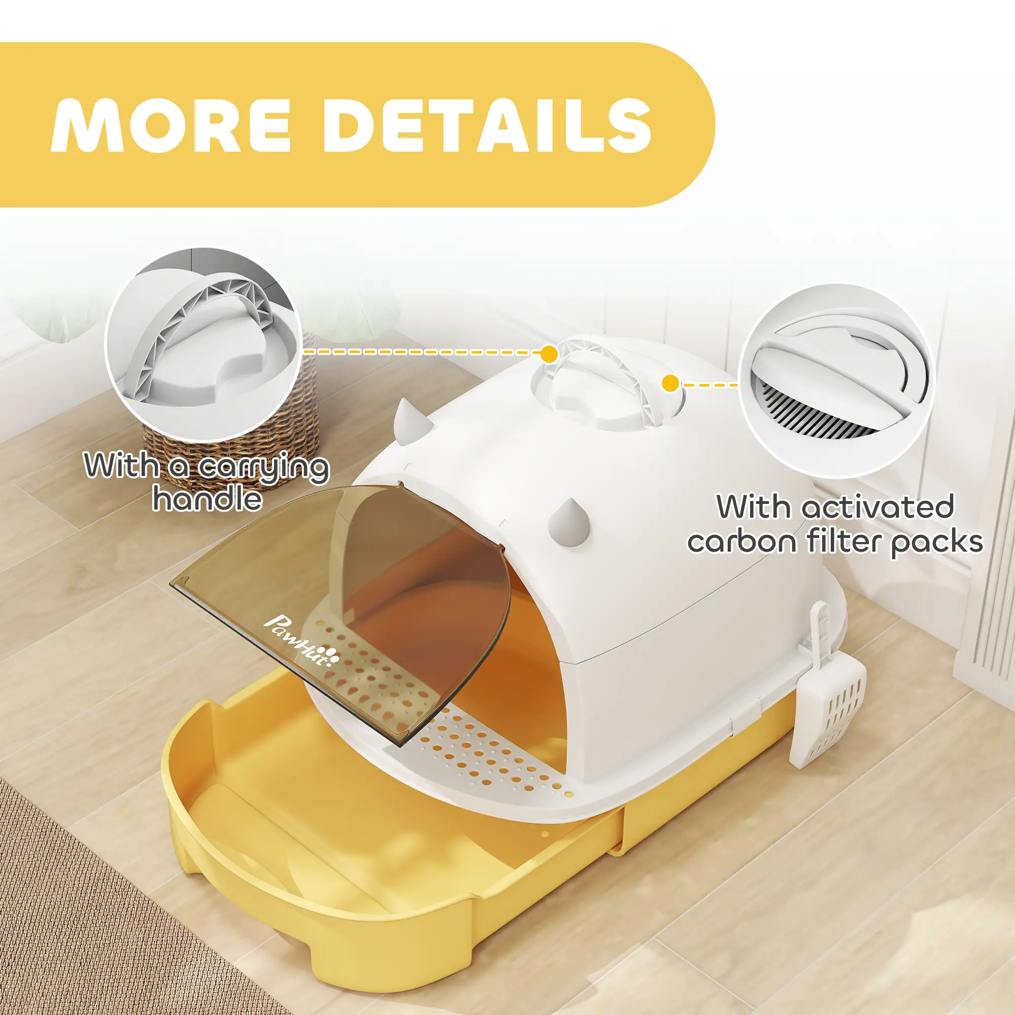 Cat Litter Box With Lid, Front Door Flap, Scoop, Handle, Yellow - Image 7