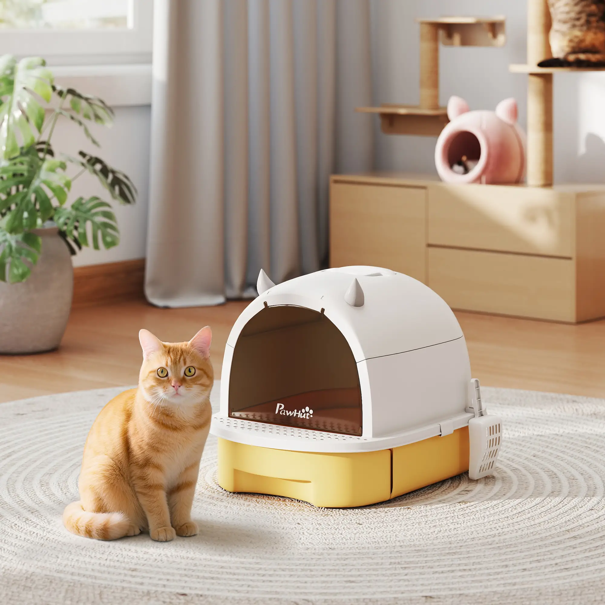 Cat Litter Box With Lid, Front Door Flap, Scoop, Handle, Yellow - Image 8