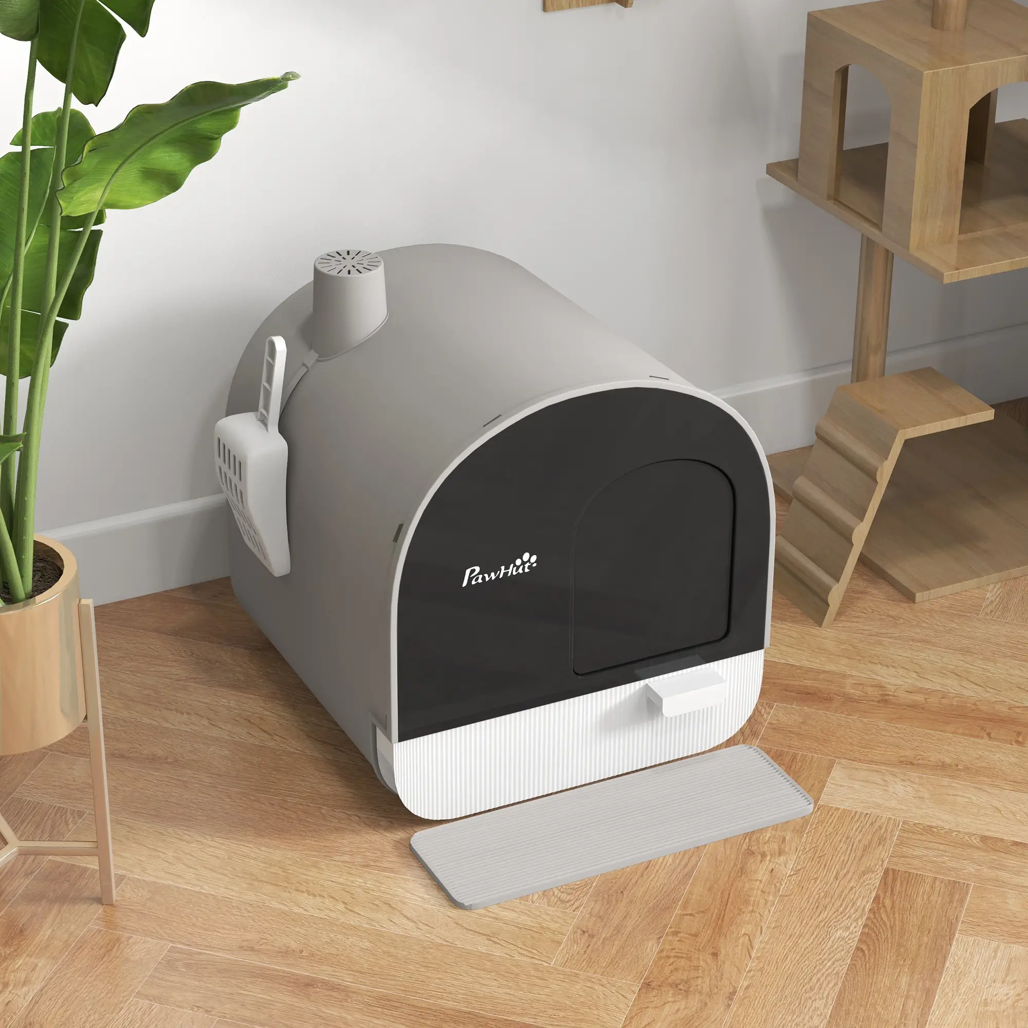 Cat Litter Box with Lid, Removable Tray, Scoop, Filter, Light Grey - Image 10