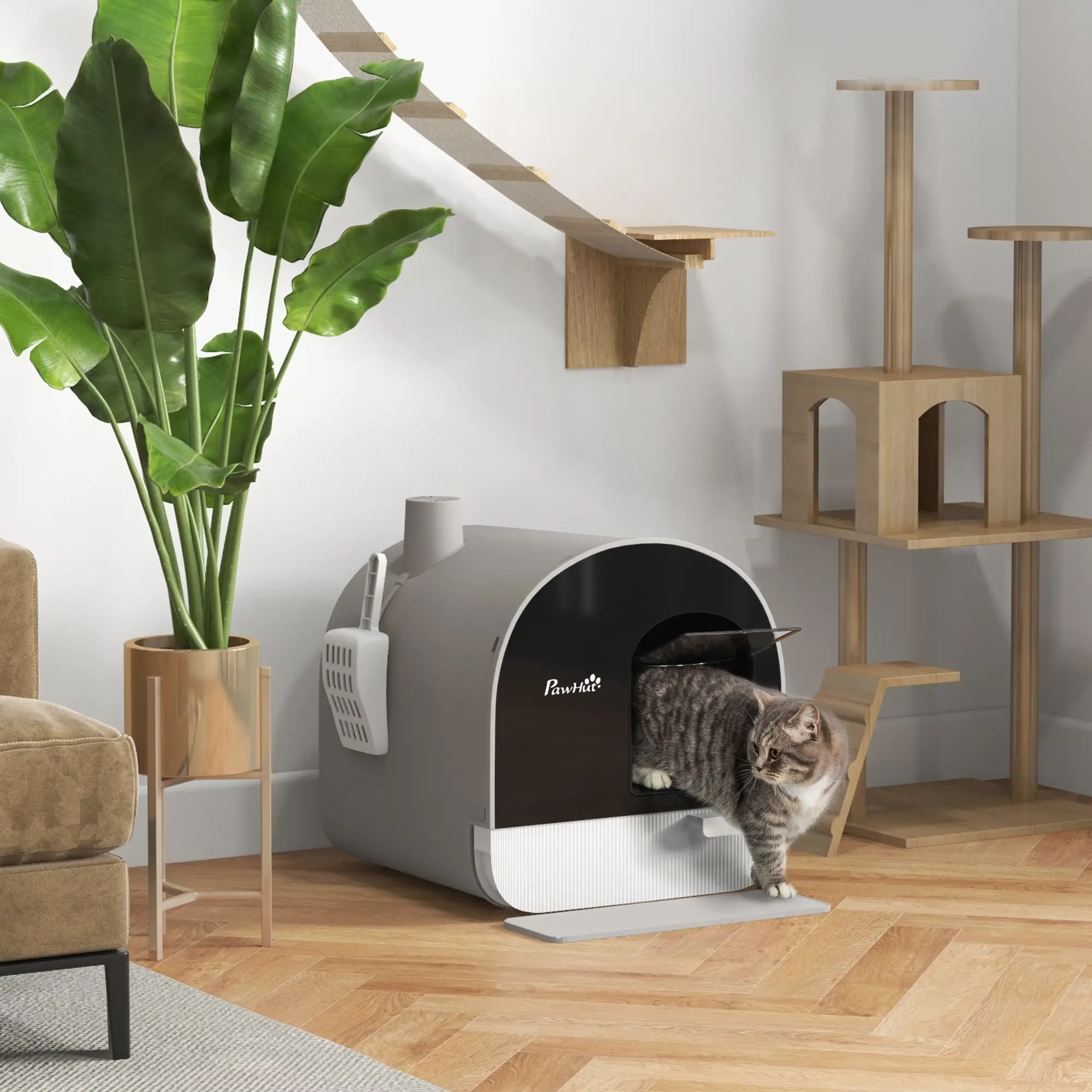 Cat Litter Box with Lid, Removable Tray, Scoop, Filter, Light Grey - Image 2