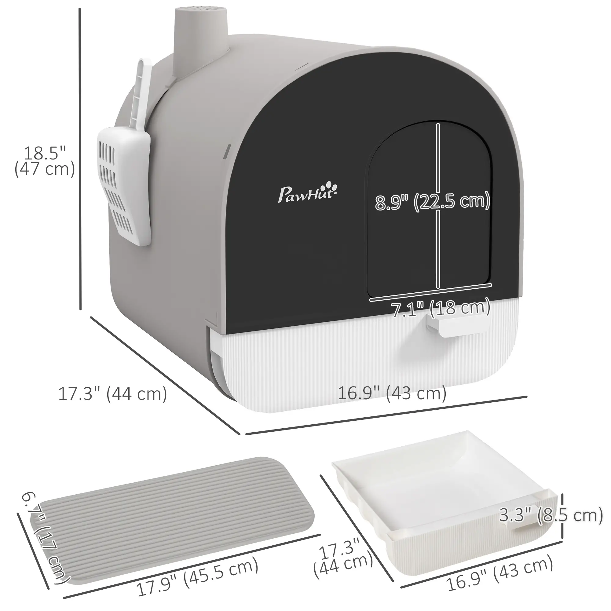 Cat Litter Box with Lid, Removable Tray, Scoop, Filter, Light Grey - Image 3