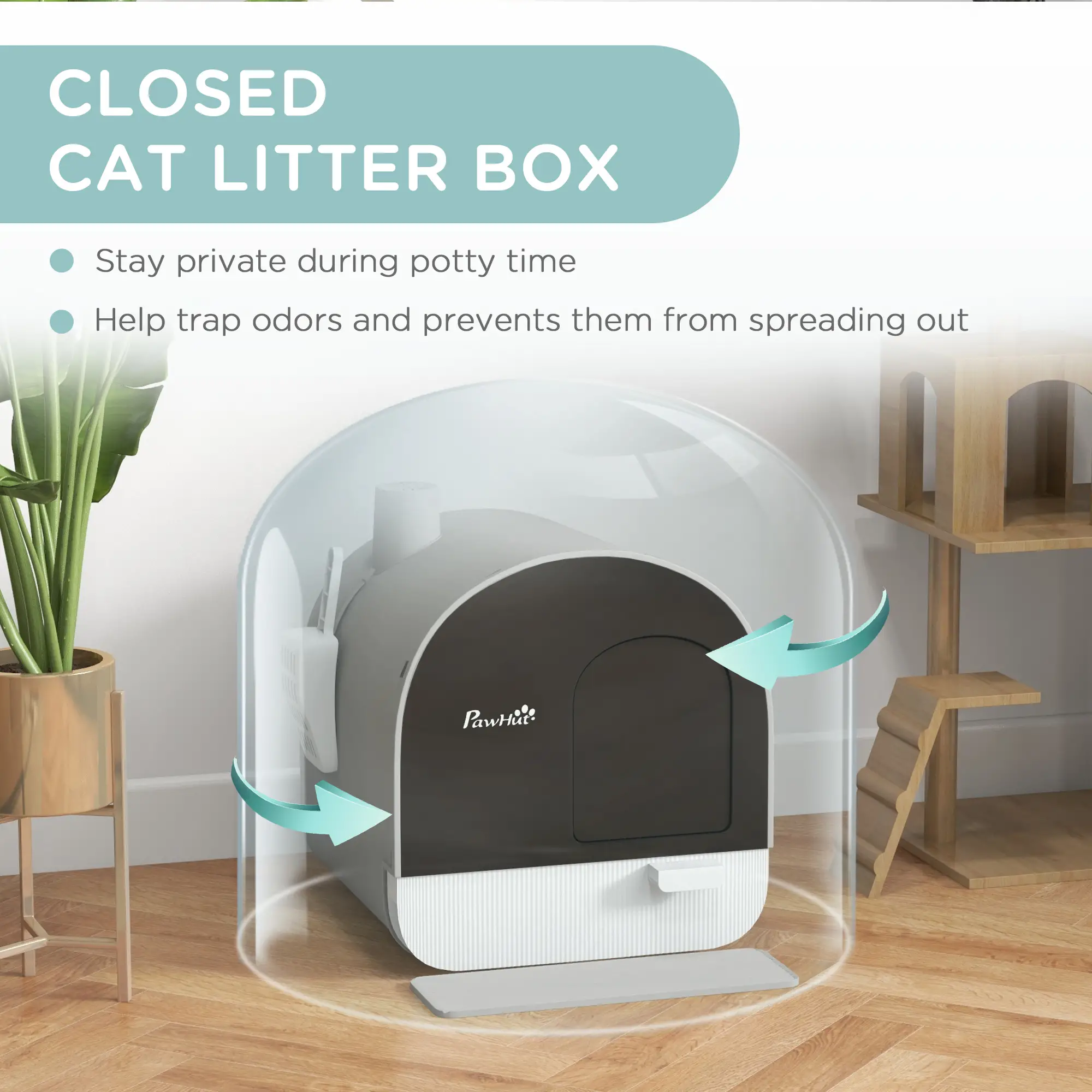 Cat Litter Box with Lid, Removable Tray, Scoop, Filter, Light Grey - Image 5