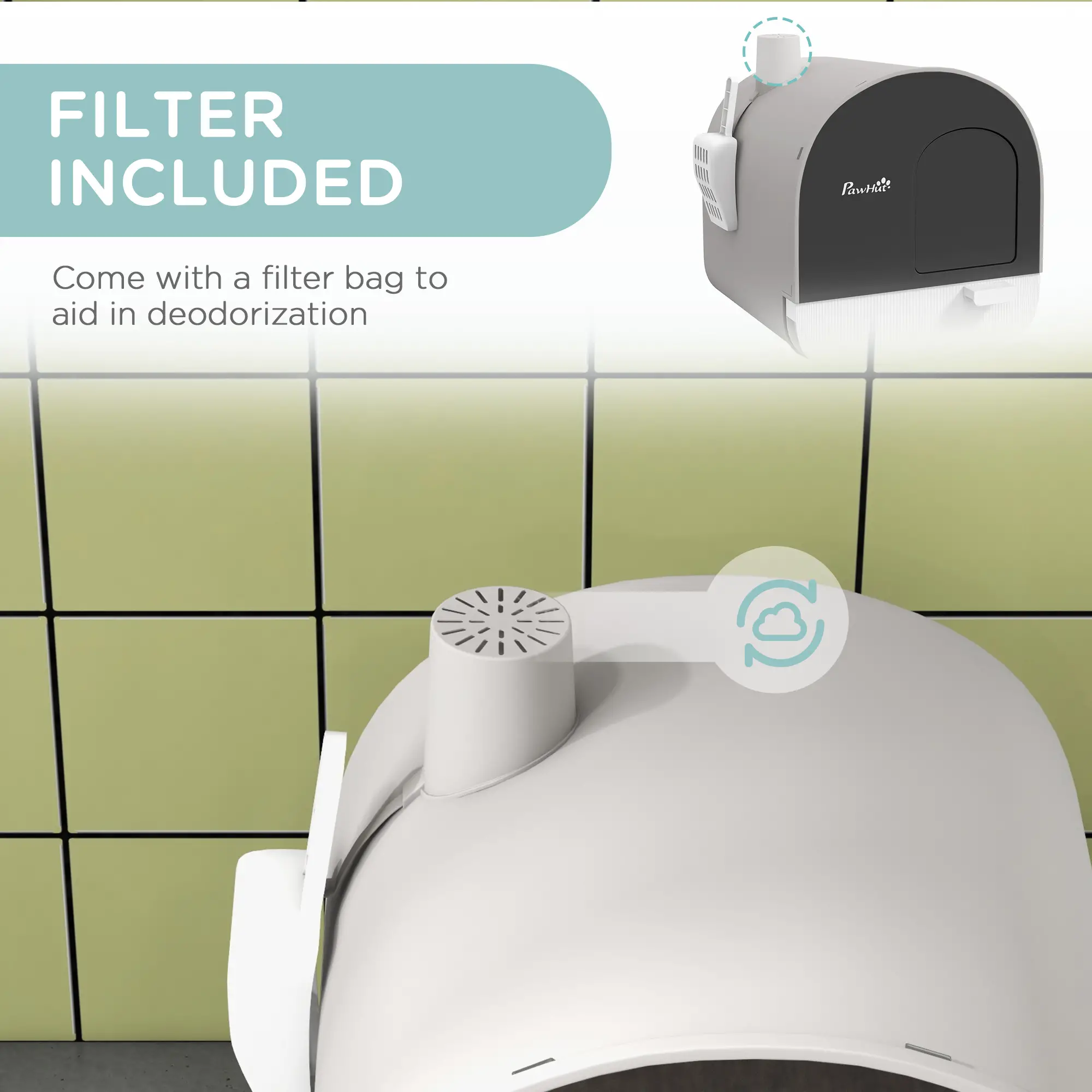 Cat Litter Box with Lid, Removable Tray, Scoop, Filter, Light Grey - Image 6
