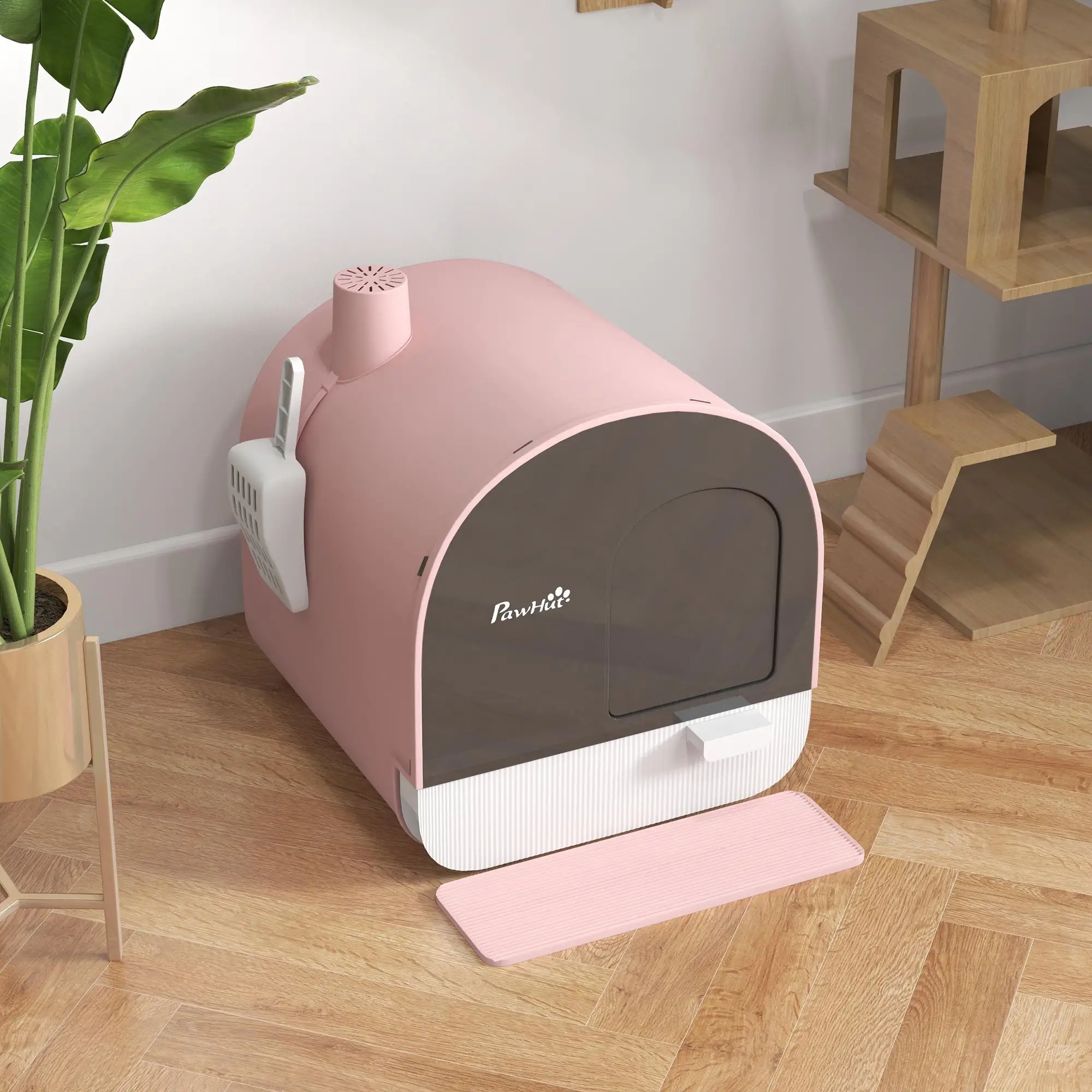 Cat Litter Box with Lid, Removable Tray, Scoop, Filter, Pink - Image 10