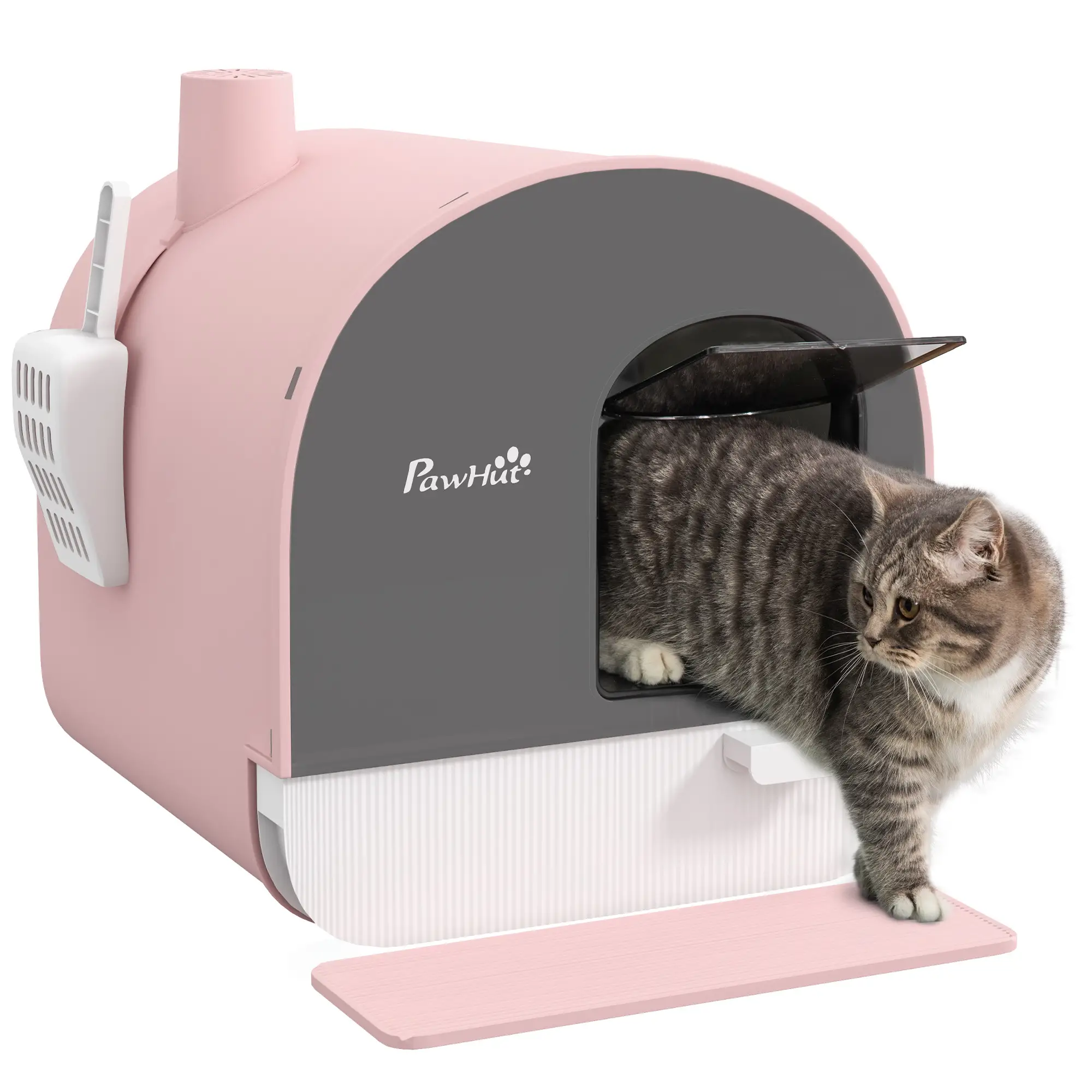Cat Litter Box with Lid, Removable Tray, Scoop, Filter, Pink - Image 11