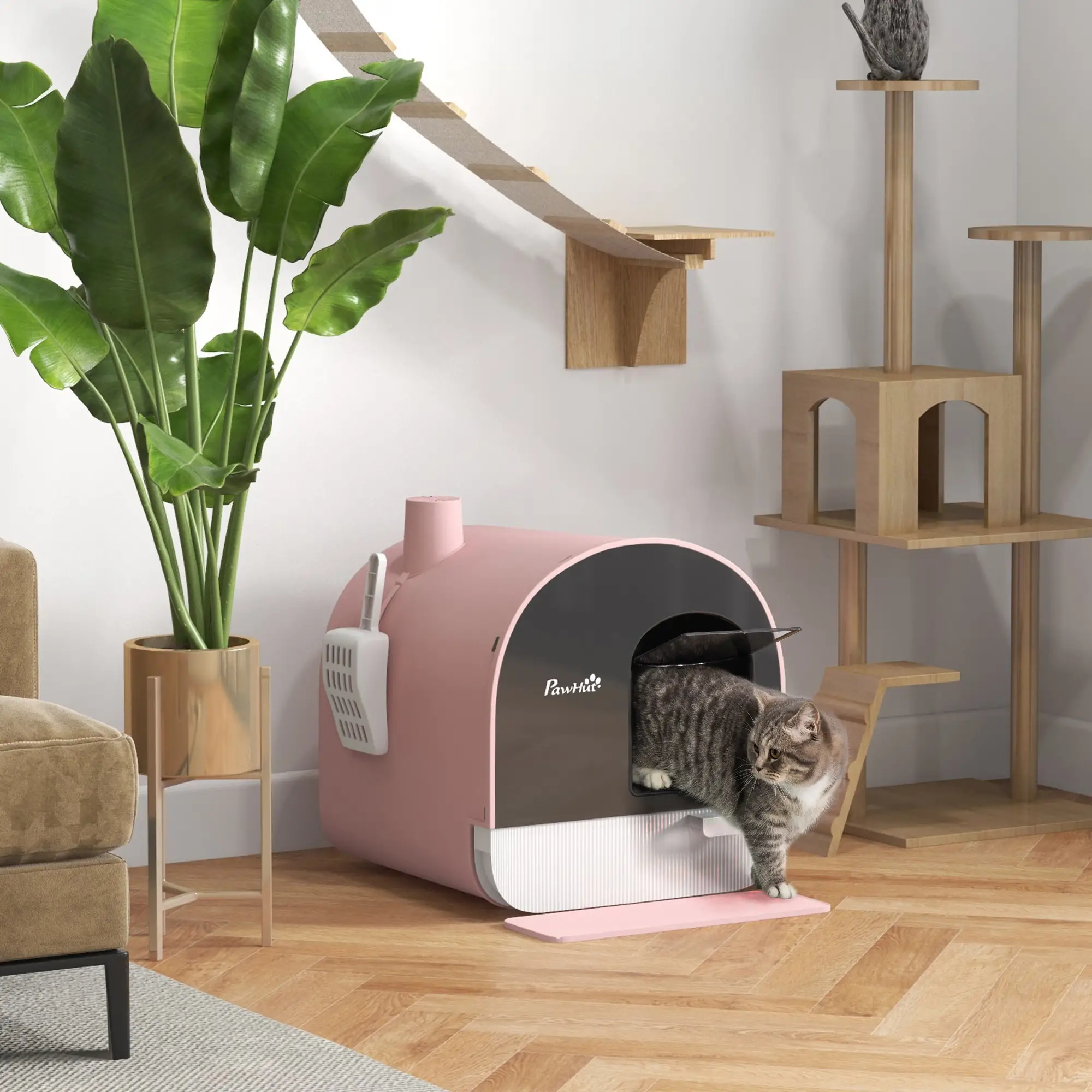 Cat Litter Box with Lid, Removable Tray, Scoop, Filter, Pink - Image 2