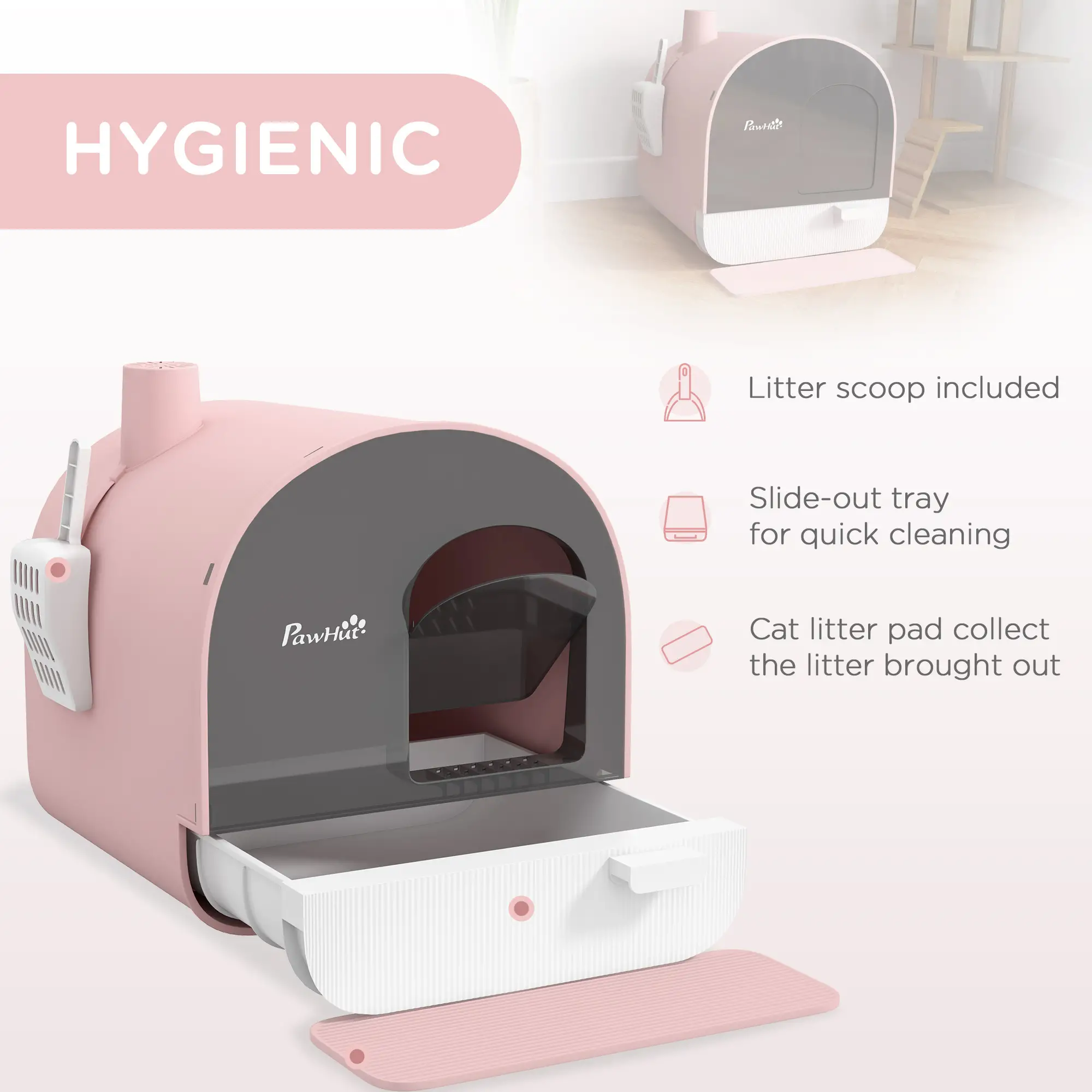 Cat Litter Box with Lid, Removable Tray, Scoop, Filter, Pink - Image 4