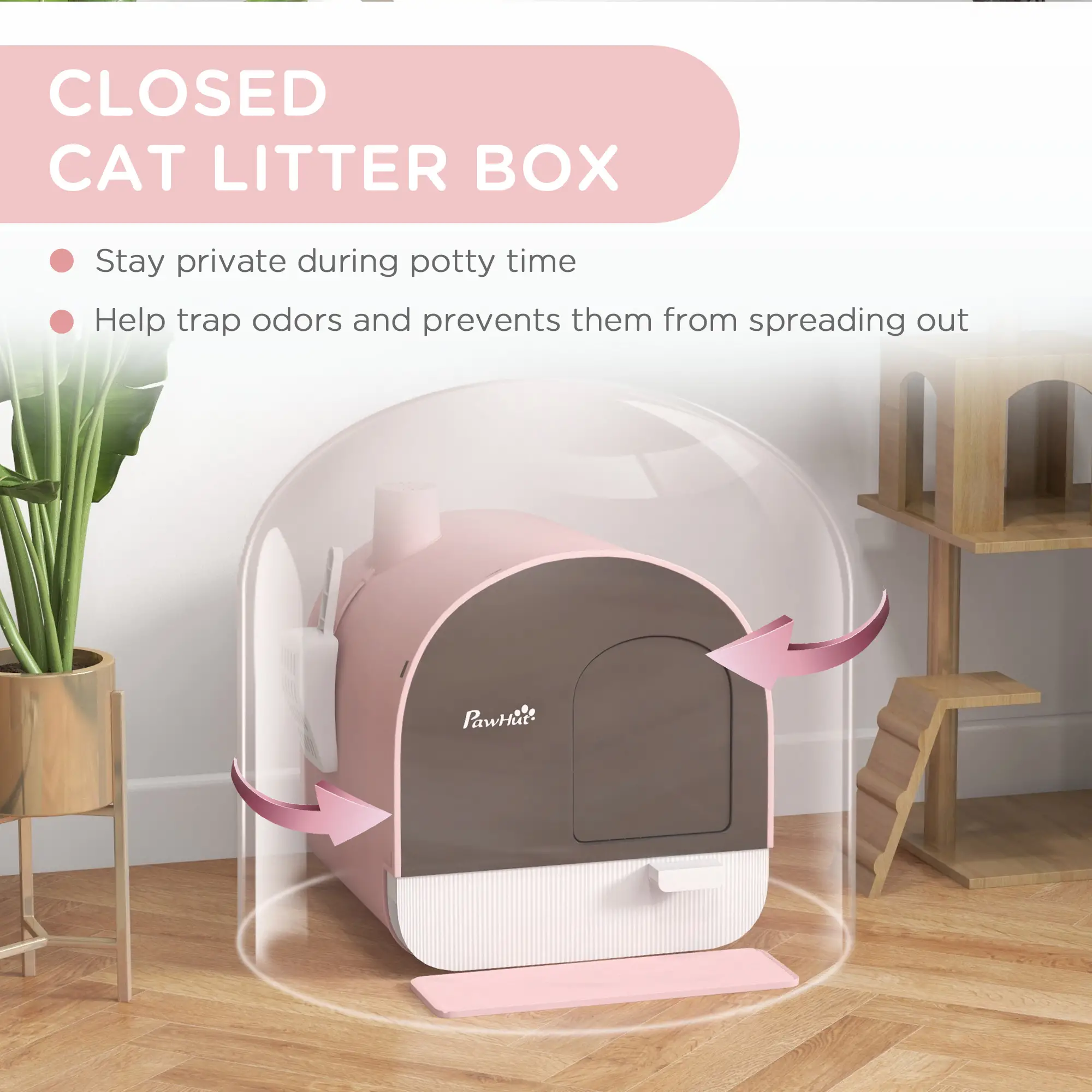 Cat Litter Box with Lid, Removable Tray, Scoop, Filter, Pink - Image 5