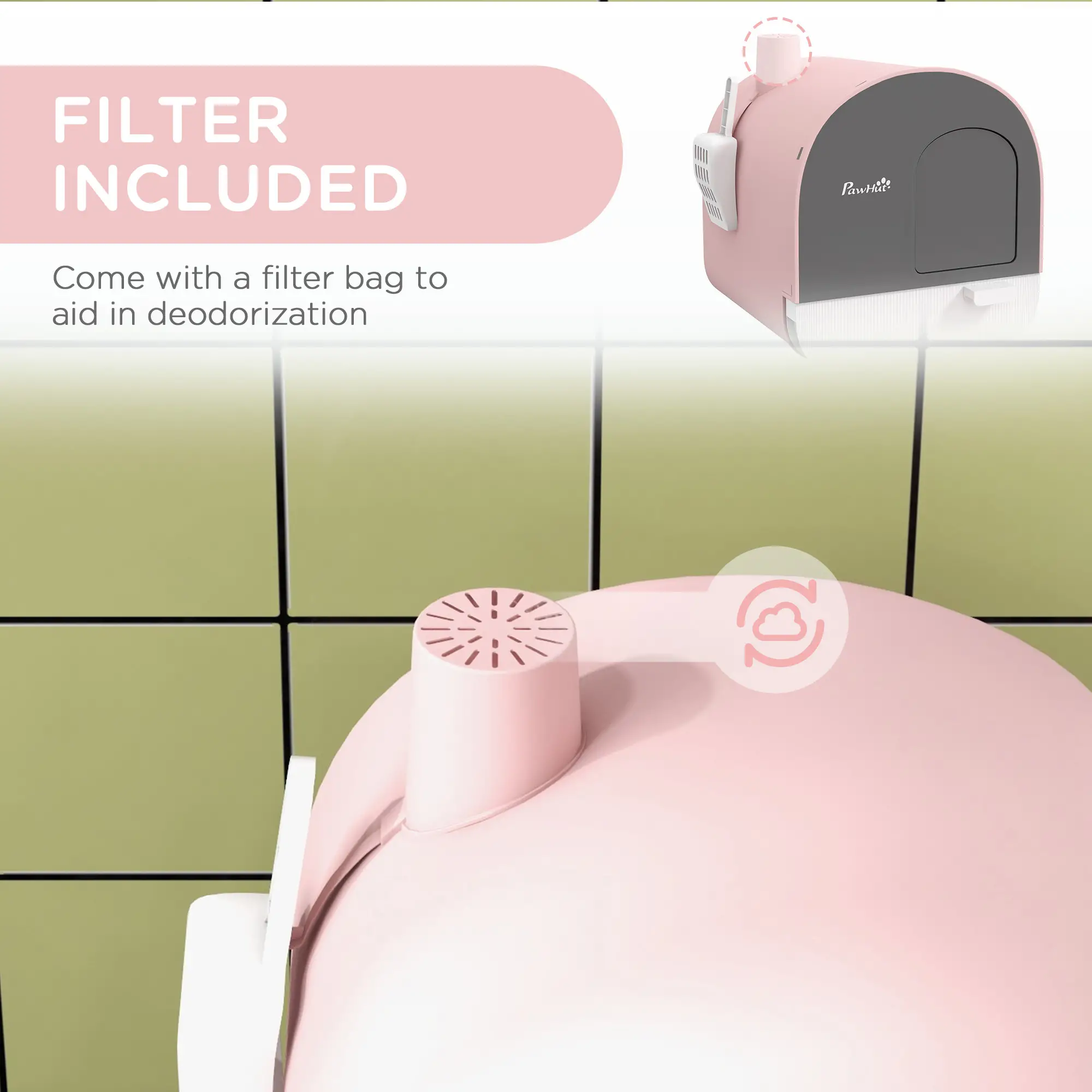 Cat Litter Box with Lid, Removable Tray, Scoop, Filter, Pink - Image 6