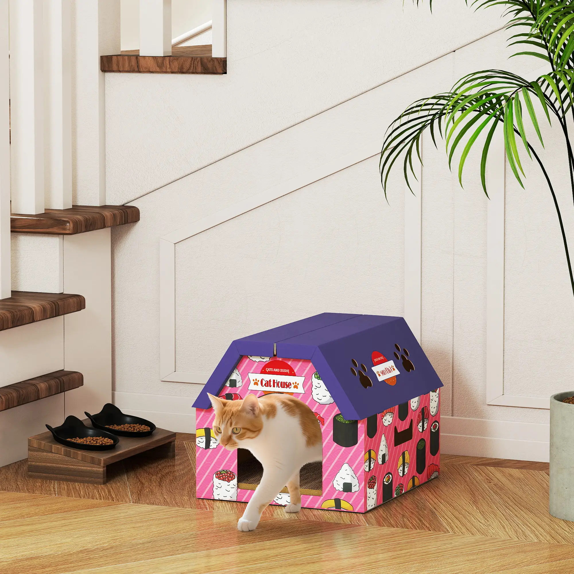 Cat Scratcher House, 2-in-1 Cardboard Scratching Pad with Door, Pink - Image 8
