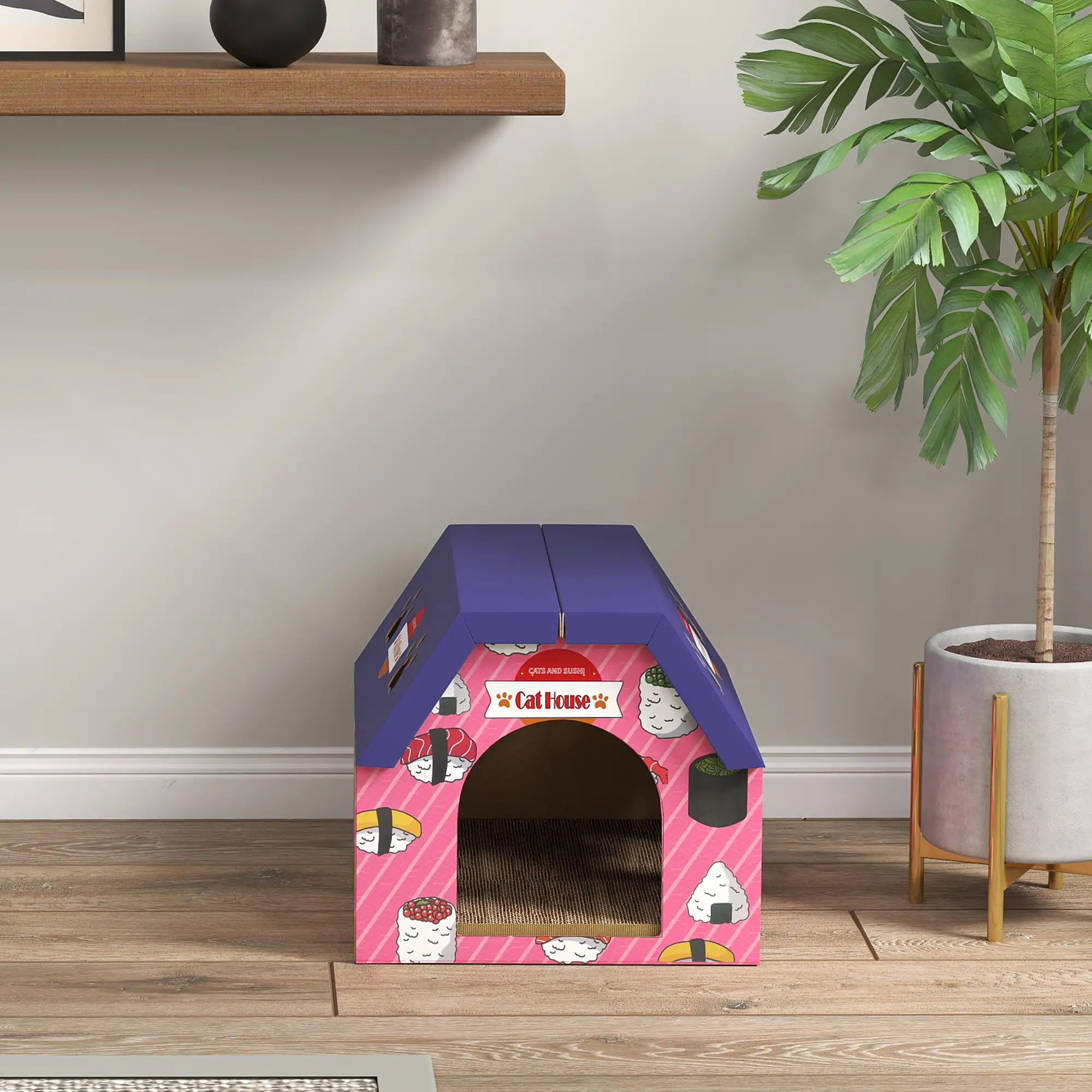 Cat Scratcher House, 2-in-1 Cardboard Scratching Pad with Door, Pink - Image 9