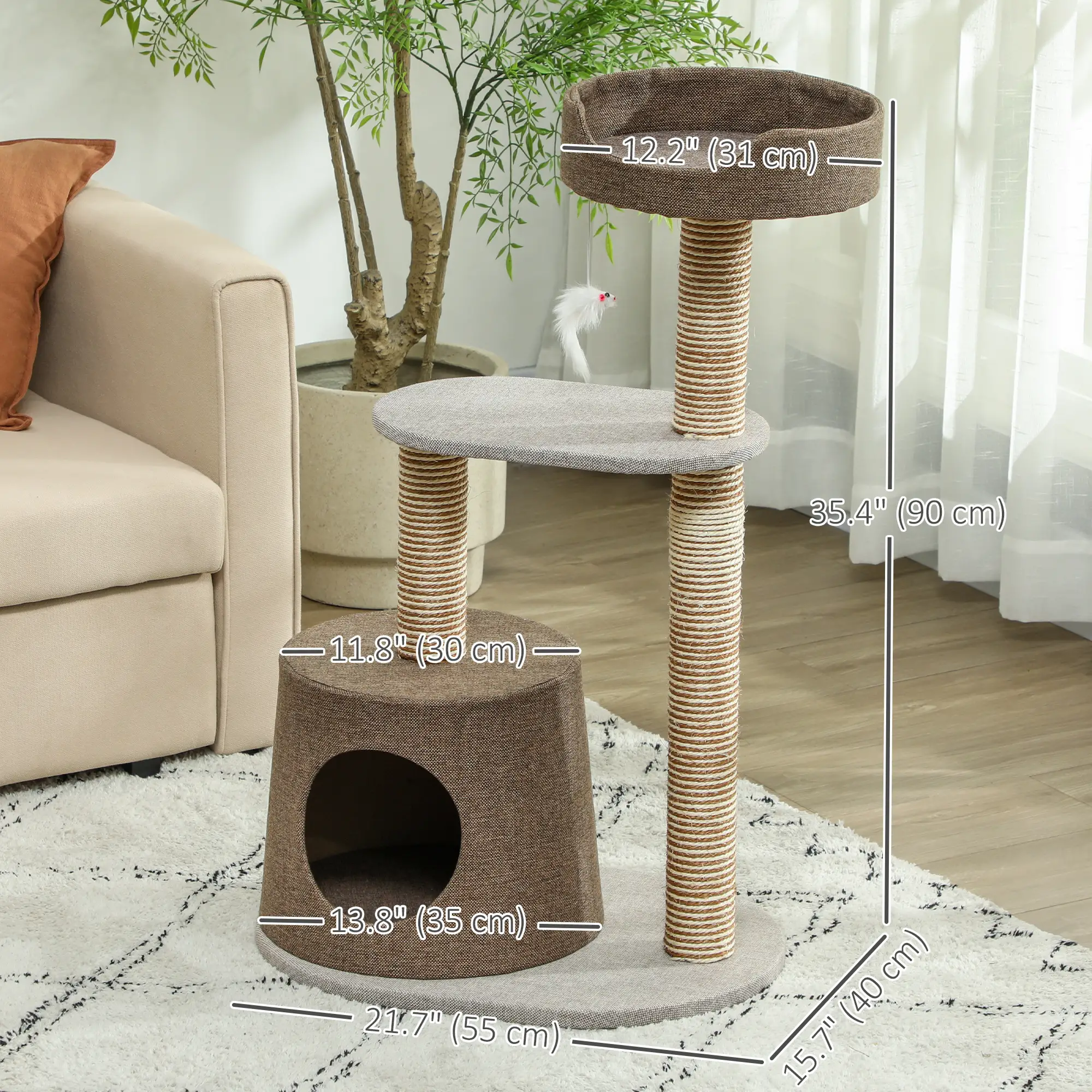 Cat Scratching Tree Post, Climbing Furniture with Toy, Brown - Image 3