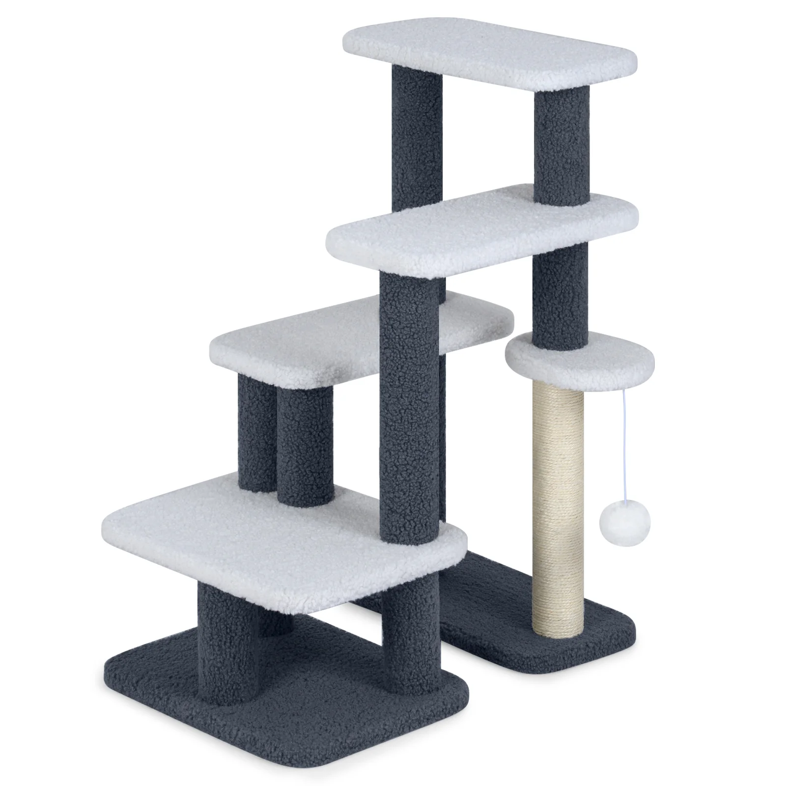 Cat Stairs Tree Tower, Scratching Posts, Hanging Toy Ball, Gray