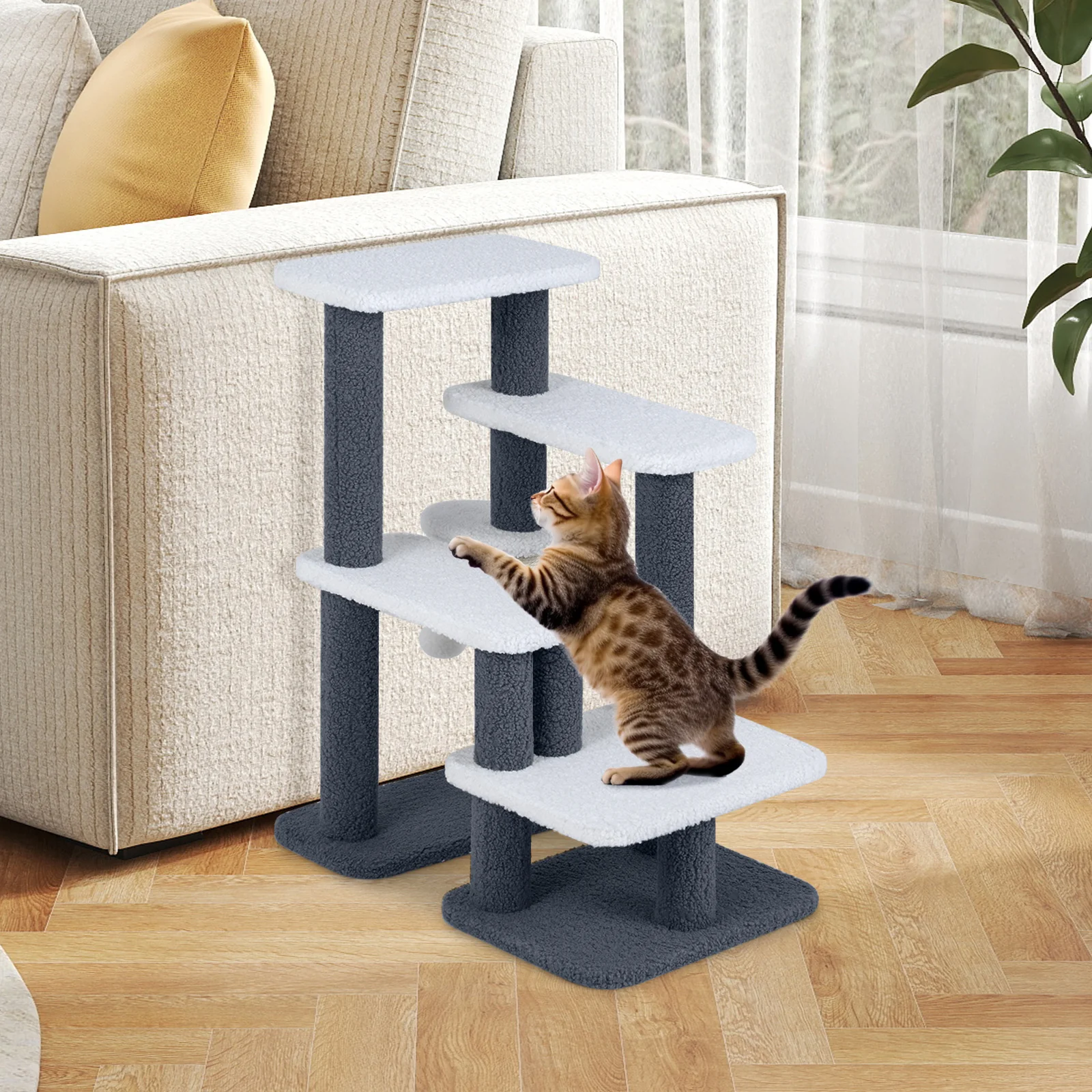 Cat Stairs Tree Tower, Scratching Posts, Hanging Toy Ball, Gray - Image 3