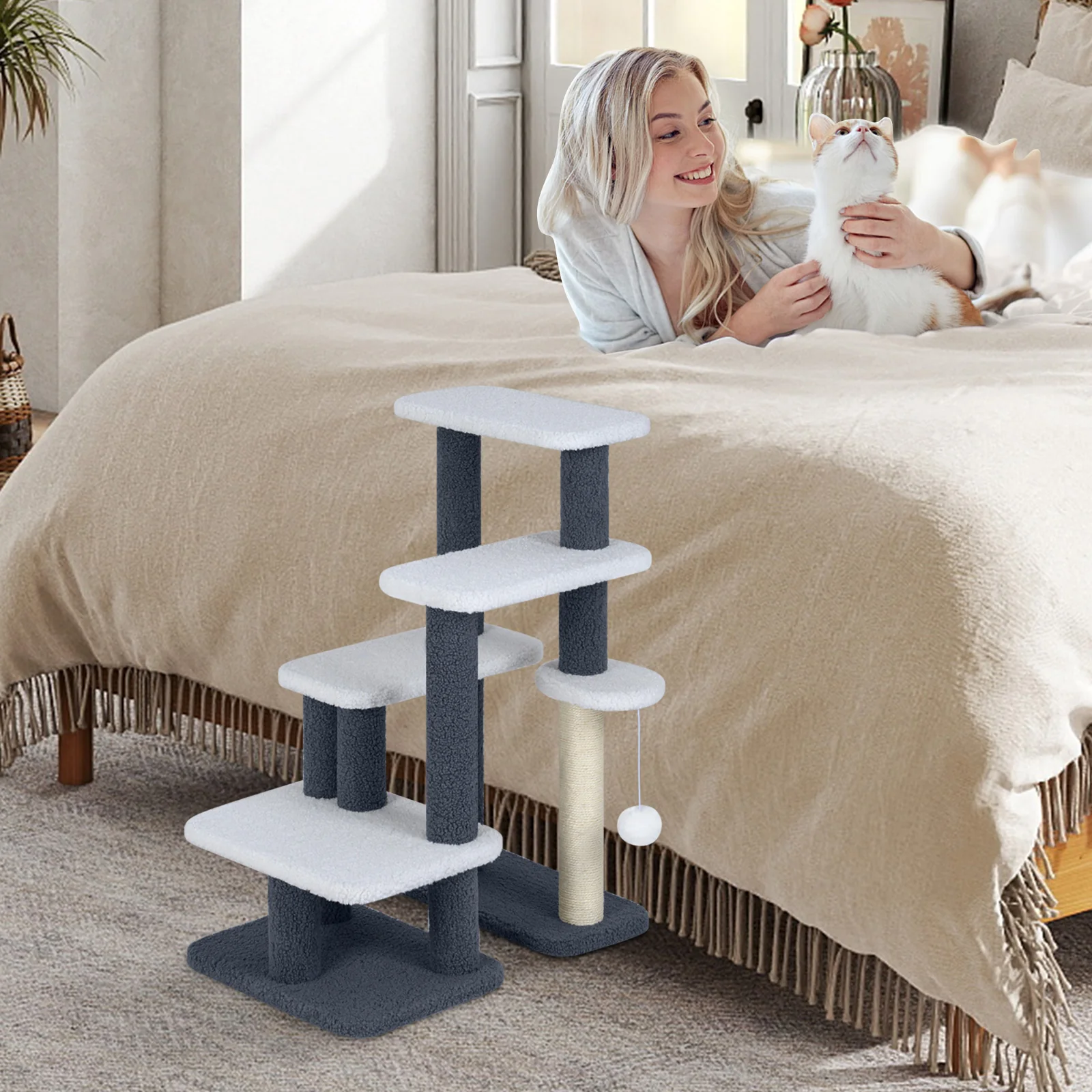 Cat Stairs Tree Tower, Scratching Posts, Hanging Toy Ball, Gray - Image 7