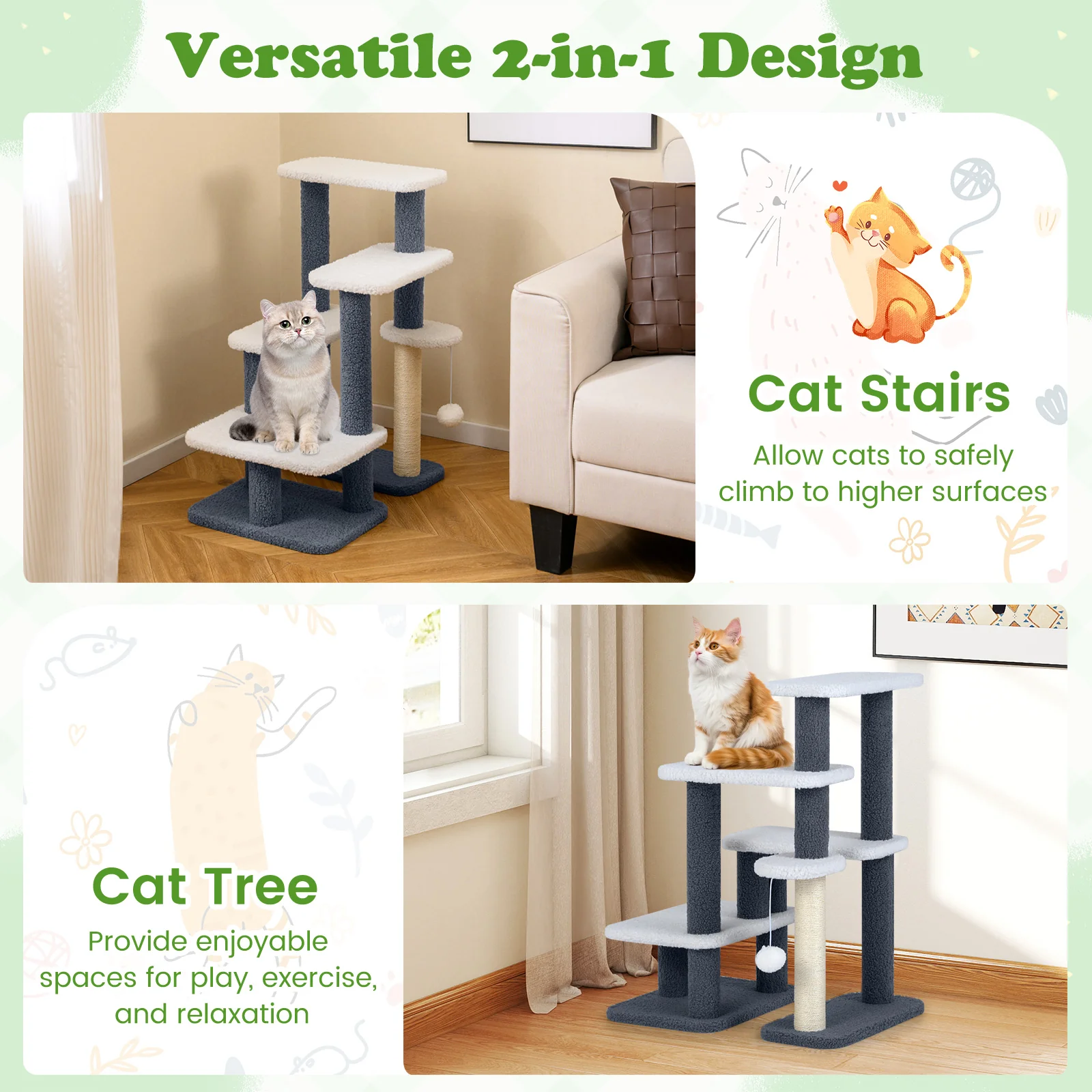Cat Stairs Tree Tower, Scratching Posts, Hanging Toy Ball, Gray - Image 9