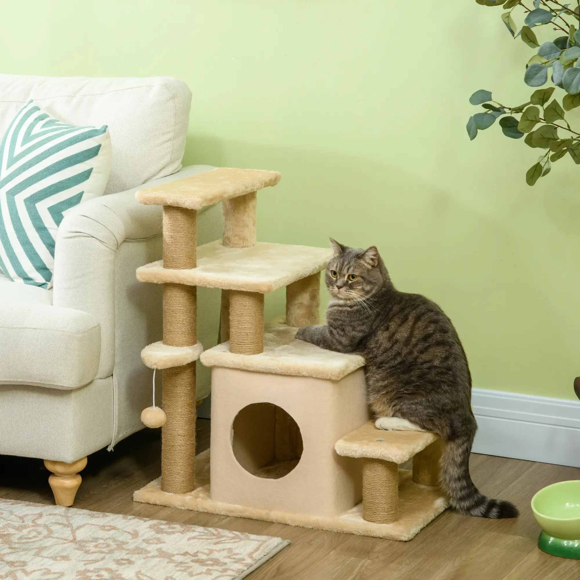 Cat Stairs with Scratching Posts, 23.6" x 15.7" x 26", Beige - Image 2