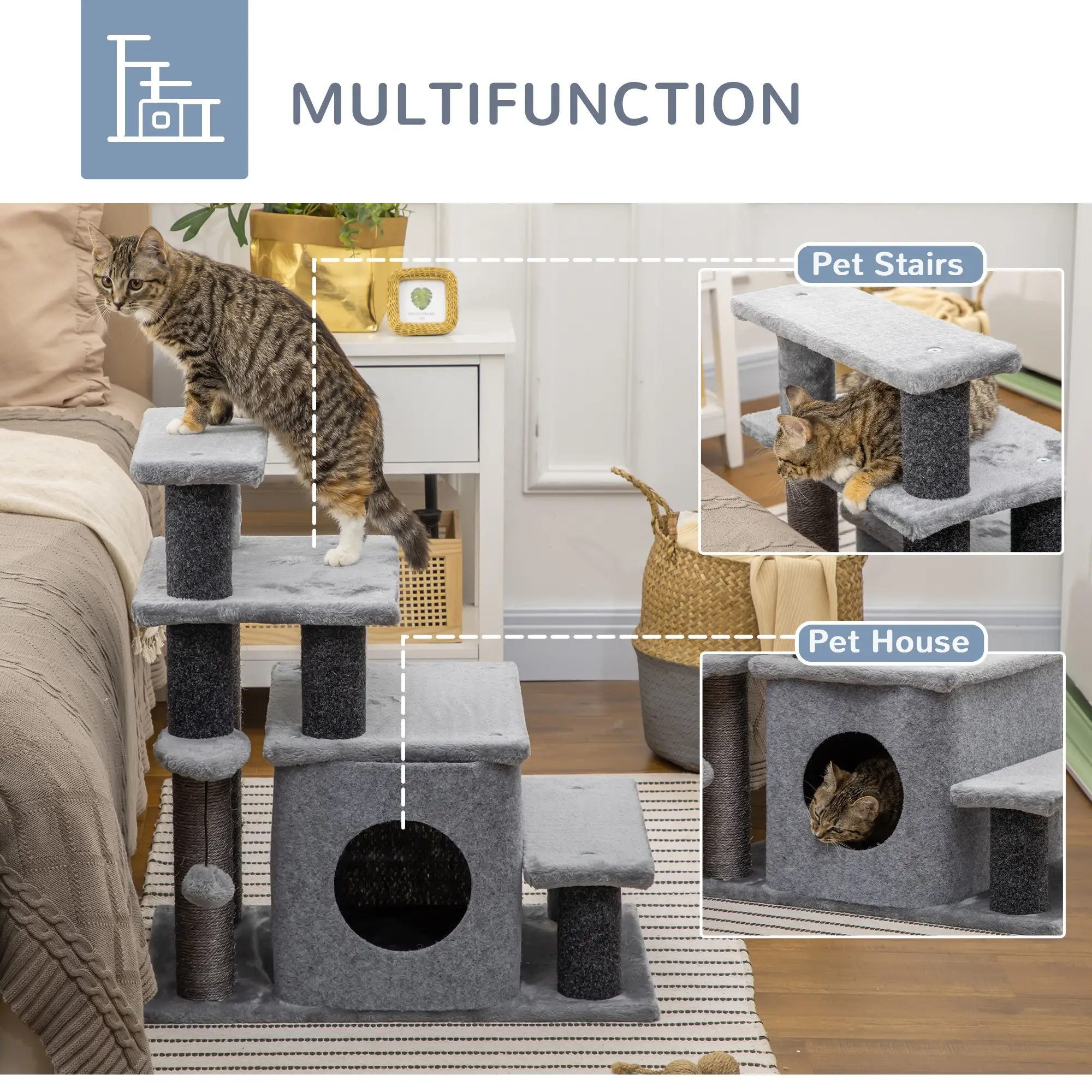 Cat Stairs with Scratching Posts, 23.6" x 15.7" x 26", Grey - Image 5
