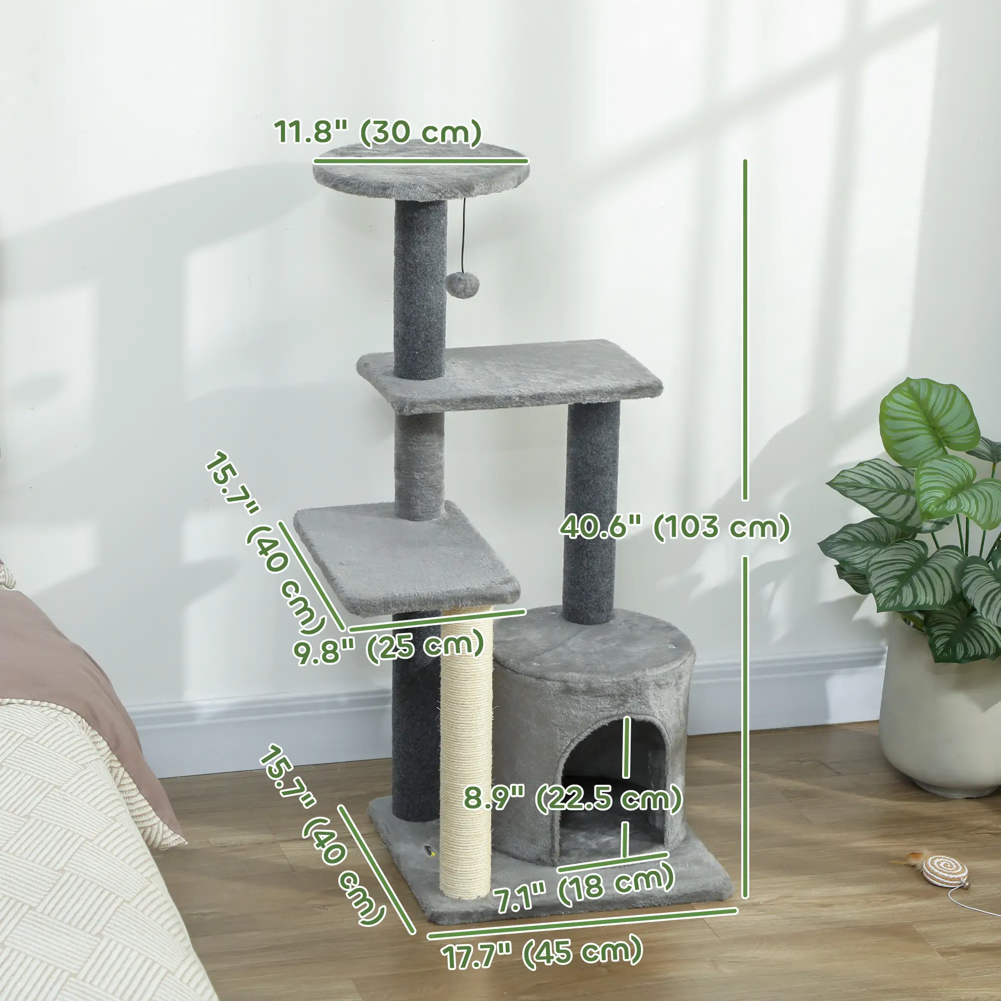 Cat Tree Tower, Multi-Level, Sisal Scratching Post, Large 41"H, Grey - Image 3