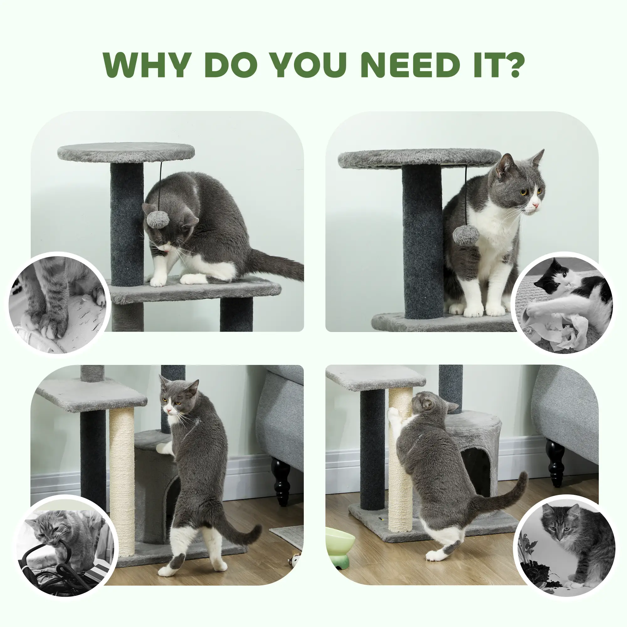 Cat Tree Tower, Multi-Level, Sisal Scratching Post, Large 41"H, Grey - Image 7