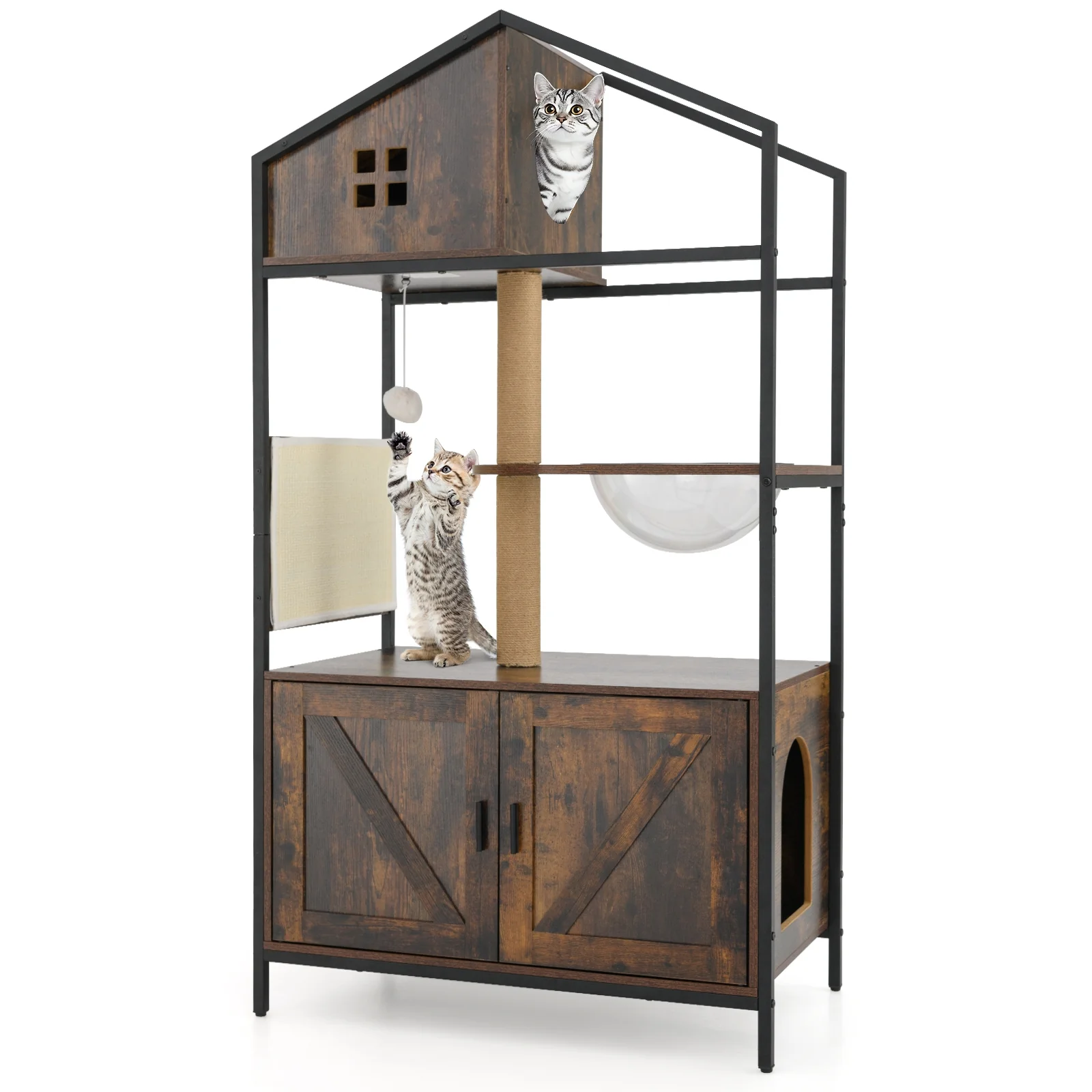 Cat Tree With Litter Box Enclosure, Multi-Level Cat Condo, Rustic Brown