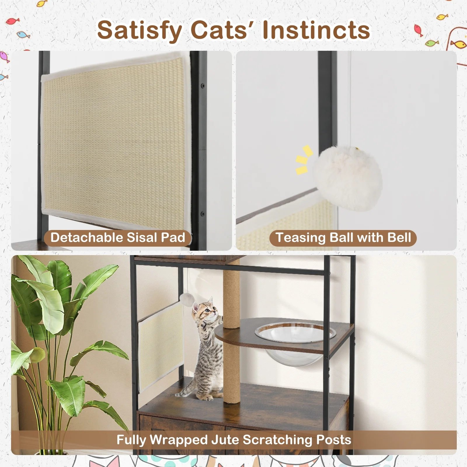 Cat Tree With Litter Box Enclosure, Multi-Level Cat Condo, Rustic Brown - Image 10
