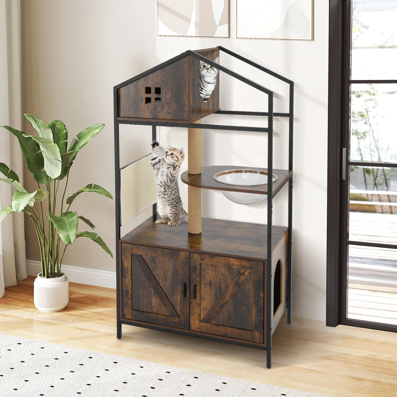 Cat Tree With Litter Box Enclosure, Multi-Level Cat Condo, Rustic Brown - Image 3