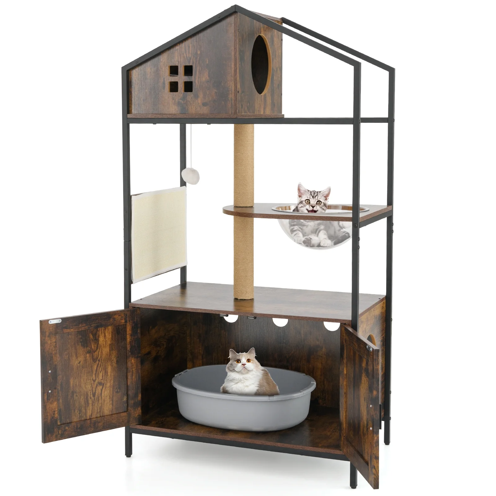 Cat Tree With Litter Box Enclosure, Multi-Level Cat Condo, Rustic Brown - Image 5