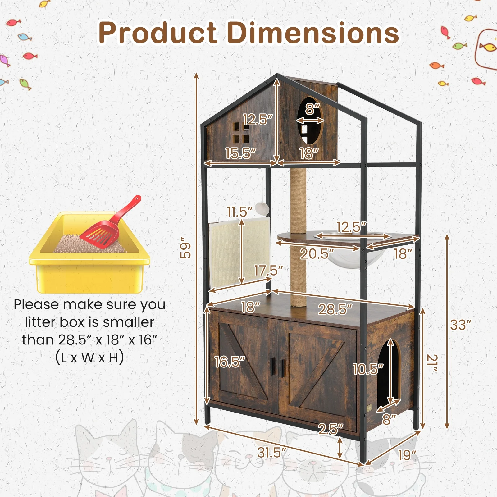 Cat Tree With Litter Box Enclosure, Multi-Level Cat Condo, Rustic Brown - Image 6