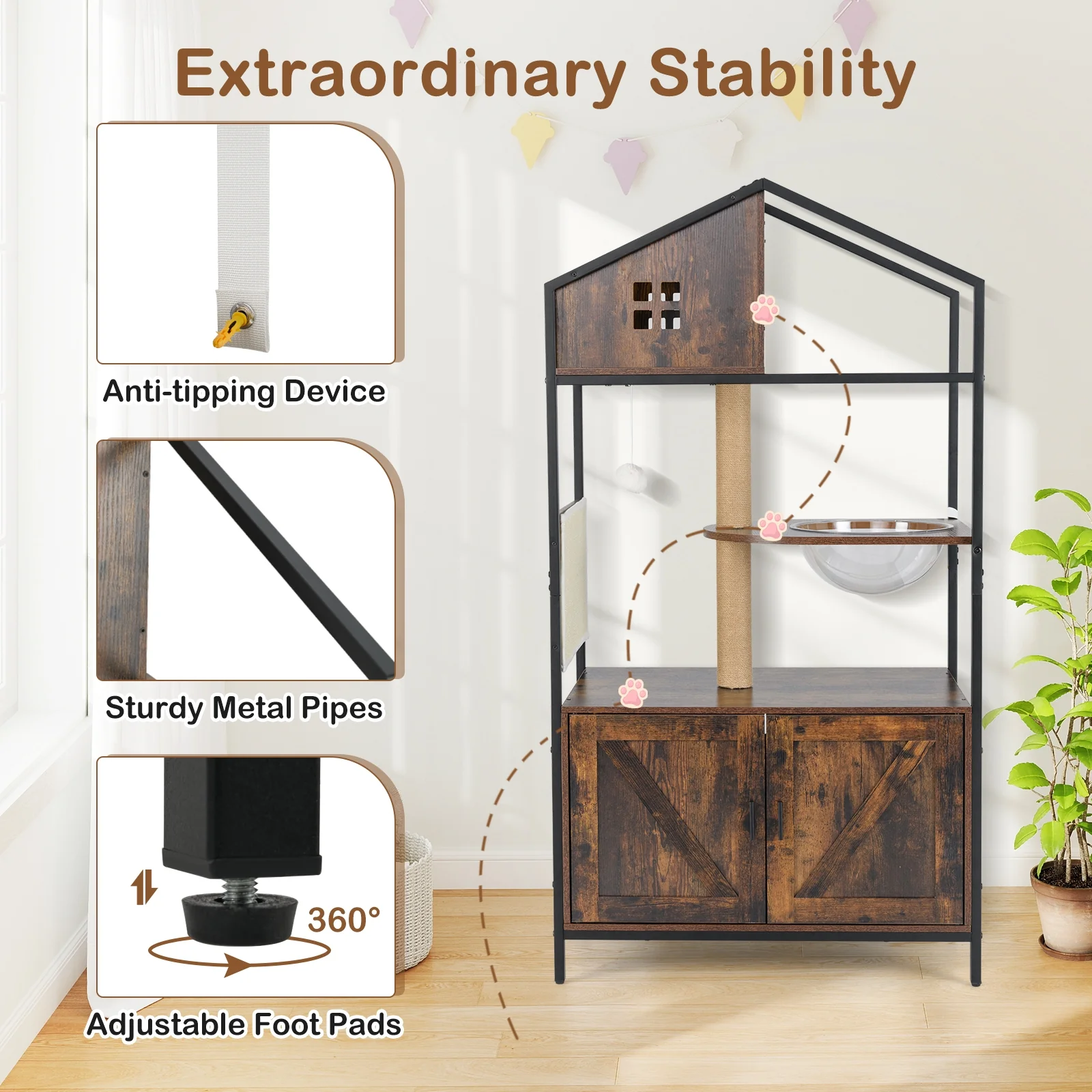 Cat Tree With Litter Box Enclosure, Multi-Level Cat Condo, Rustic Brown - Image 7