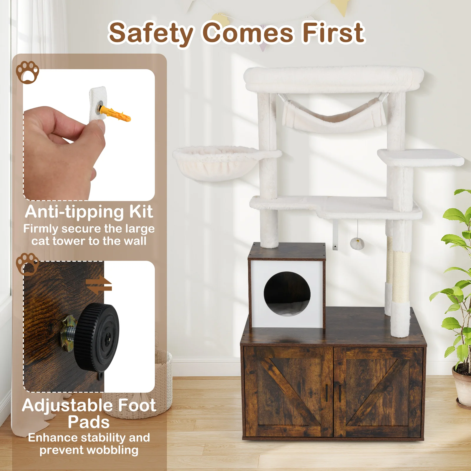 Cat Tree With Litter Box Enclosure, Rustic Brown - Image 10