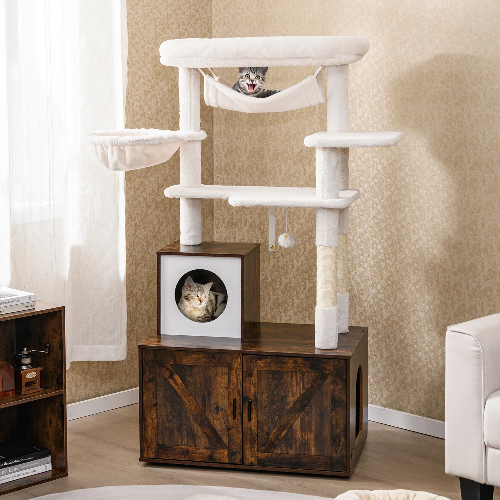 Cat Tree With Litter Box Enclosure, Rustic Brown - Image 2