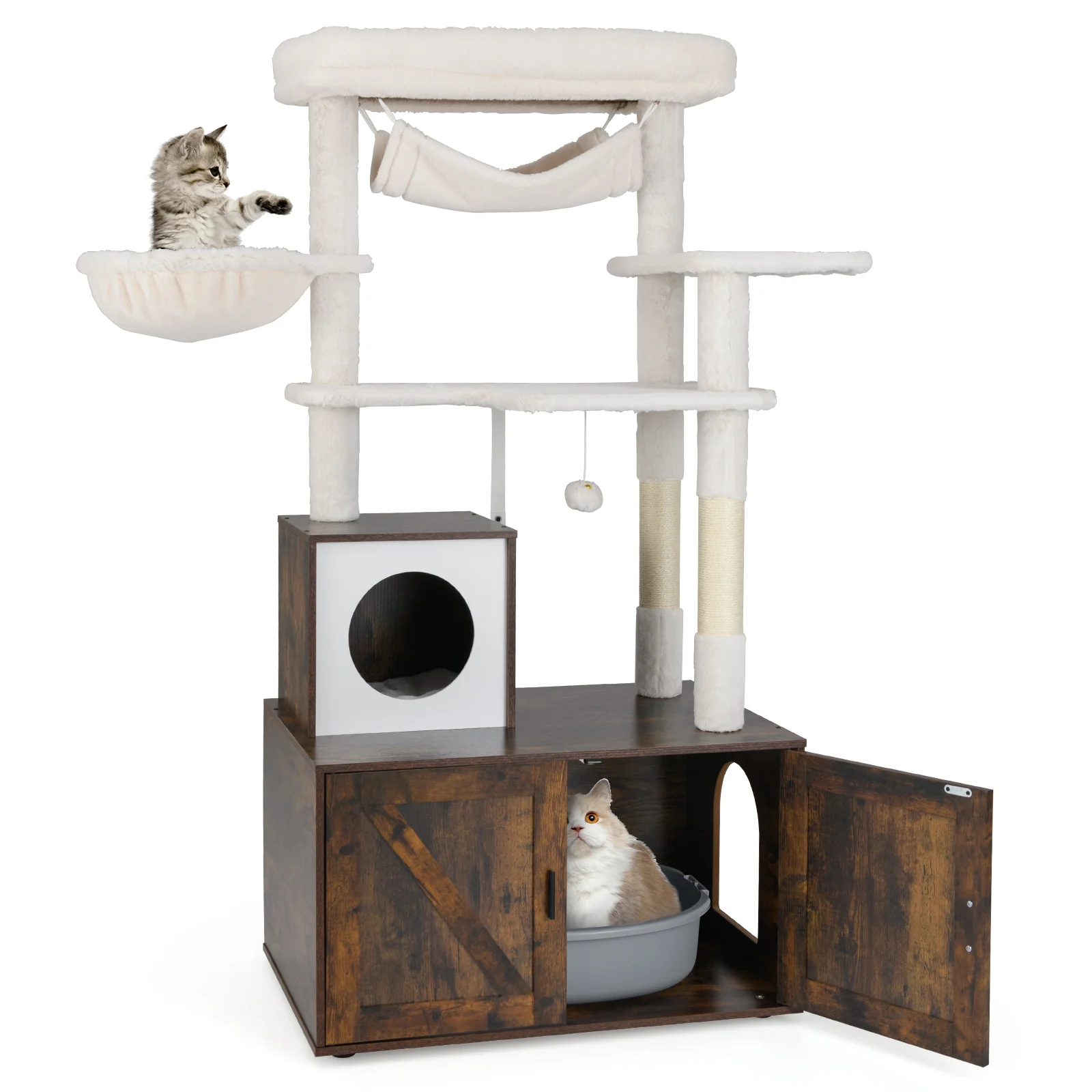 Cat Tree With Litter Box Enclosure, Rustic Brown - Image 5