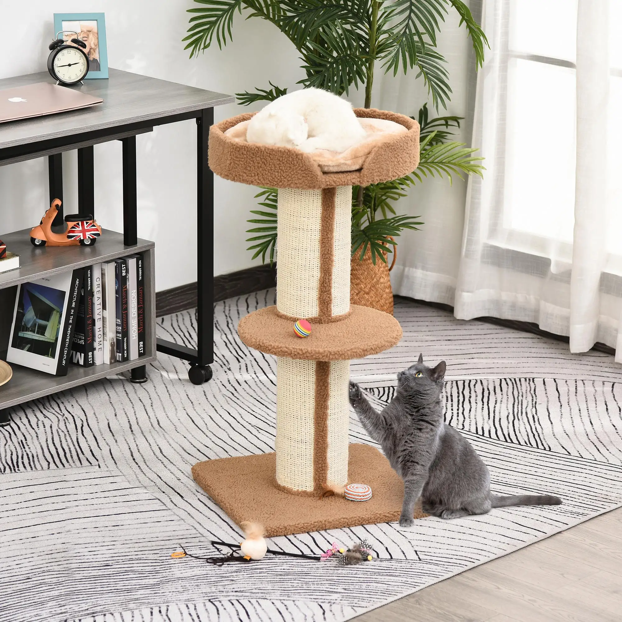 Cat Tree with Scratching Post, Bed, Cushion, Perch, 18" x 18" x 36", Brown - Image 2