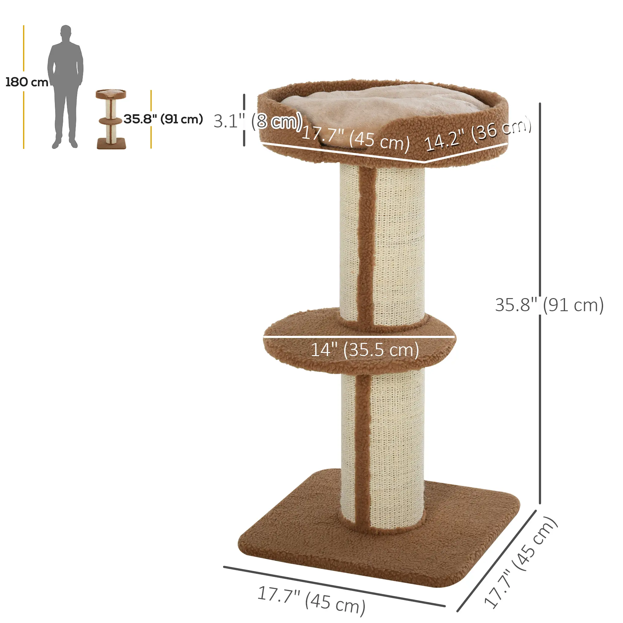 Cat Tree with Scratching Post, Bed, Cushion, Perch, 18" x 18" x 36", Brown - Image 3
